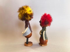 Pair of 1960s Wild Haired Buck Toothed Sallingboe Trolls from Teak, Denmark