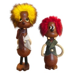 Paire de Trolls Sallingboe en teck à poils sauvages et dents de bouc, datant des années 1960, Danemark