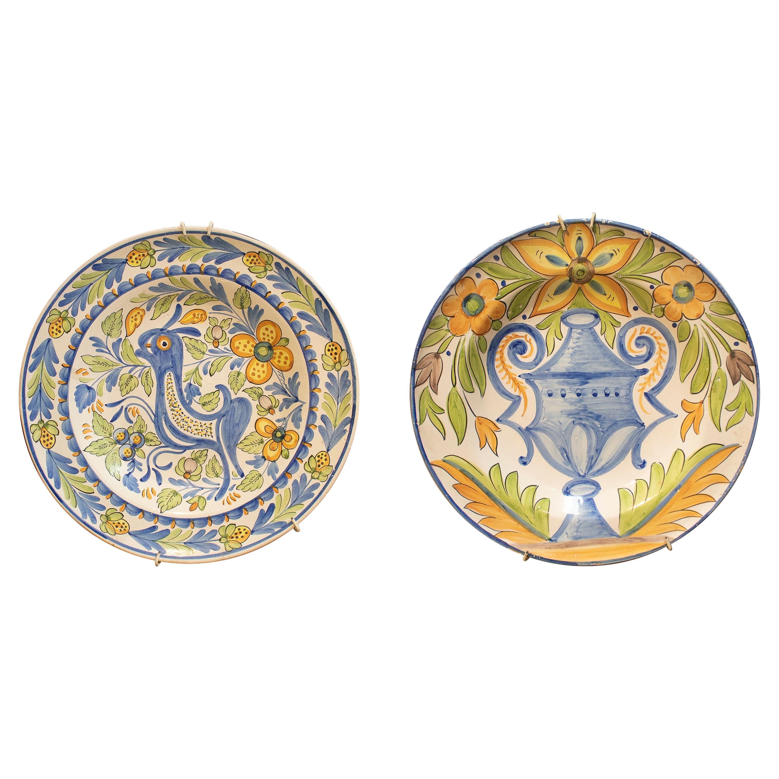 Pair of 1960s Spanish Painted Glazed Terracotta Ceramic Plates