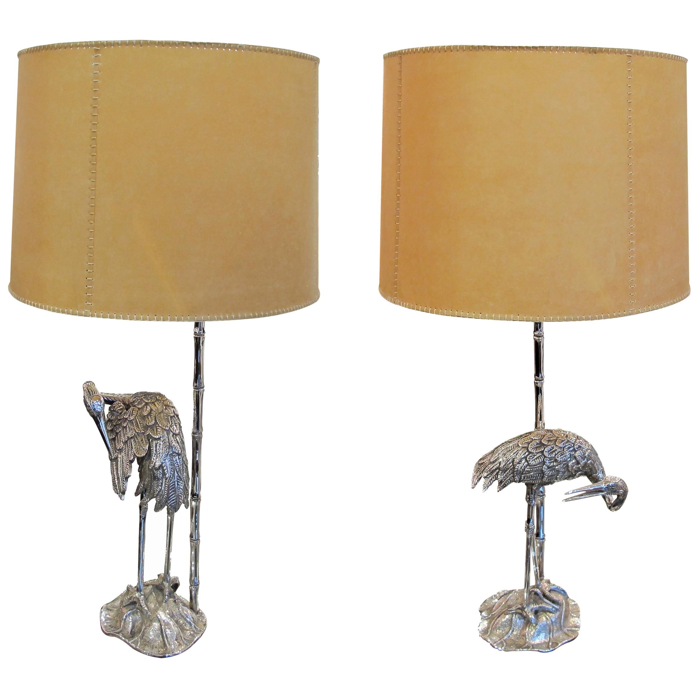 Pair of 1960s Spanish Silver Plated Bronze Heron Table Lamps by Valenti