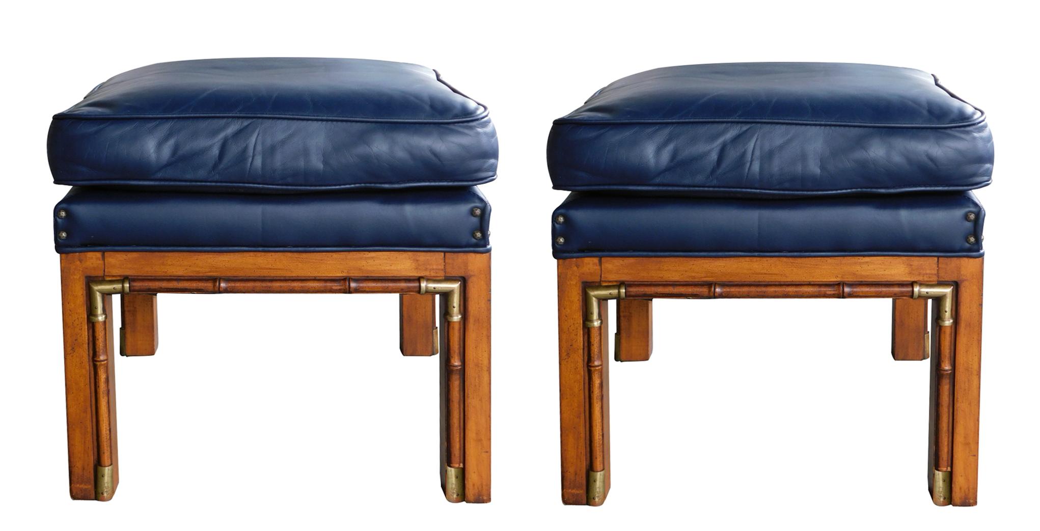 Mid-Century Modern Pair of 1960's Square-Form Faux Bamboo Beechwood Stools with Brass Mounts For Sale