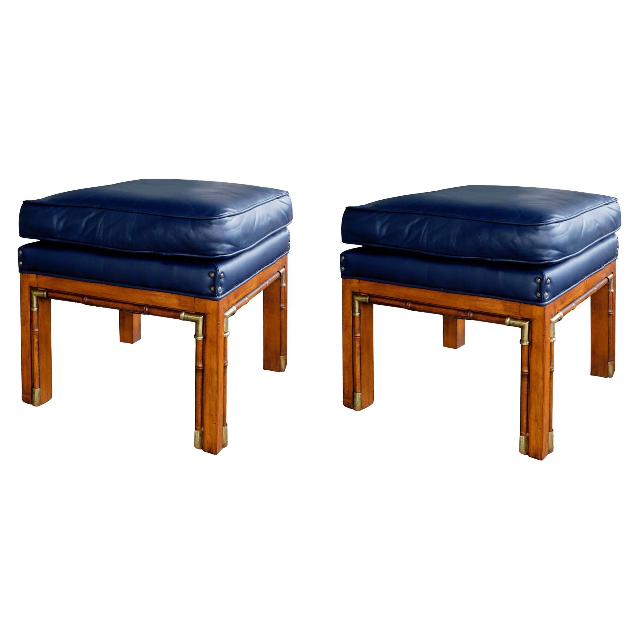 Pair of 1960's Square-Form Faux Bamboo Beechwood Stools with Brass Mounts For Sale