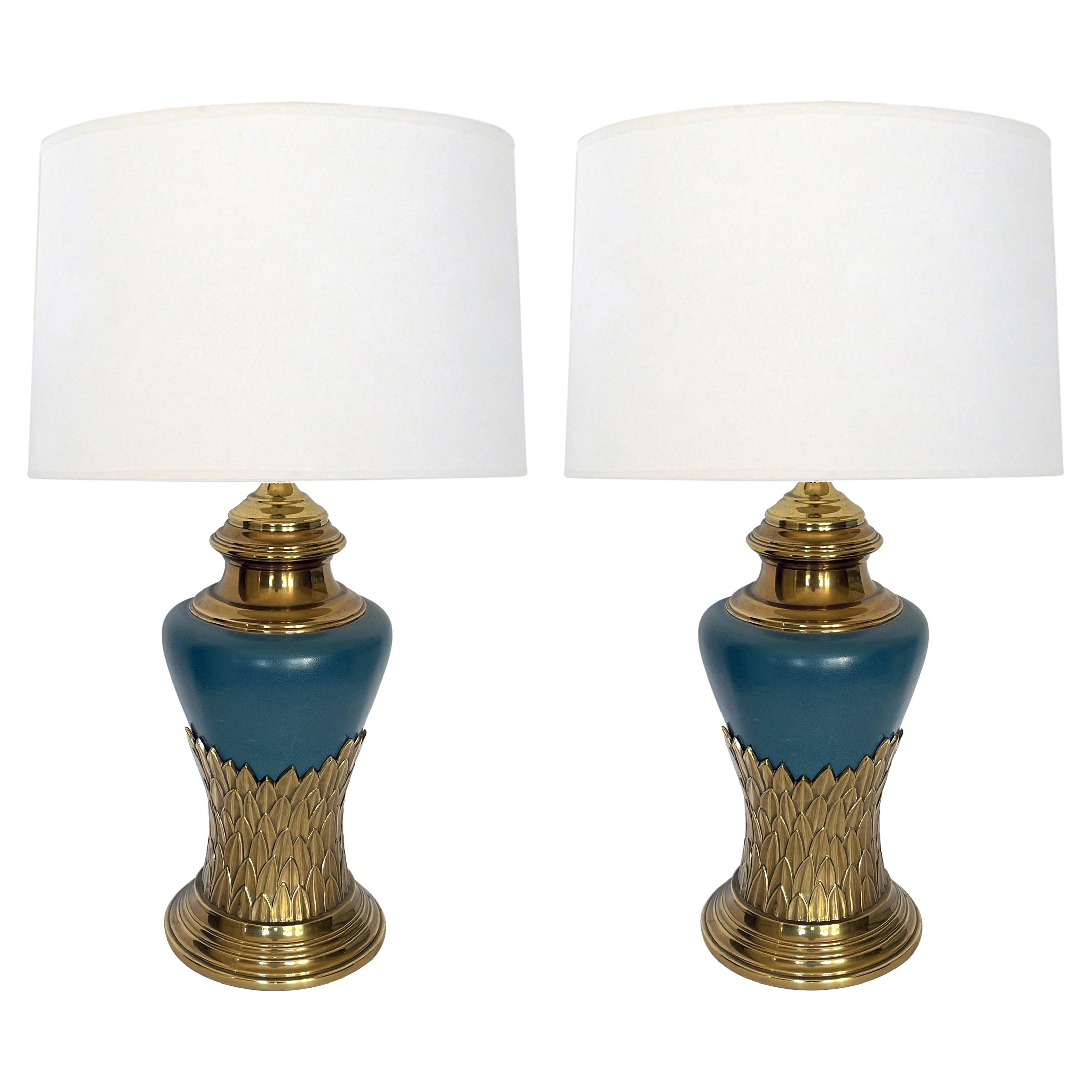 Pair of 1960's Steel-blue Ceramic Lamps with Brass Foliate Perimeter Band For Sale