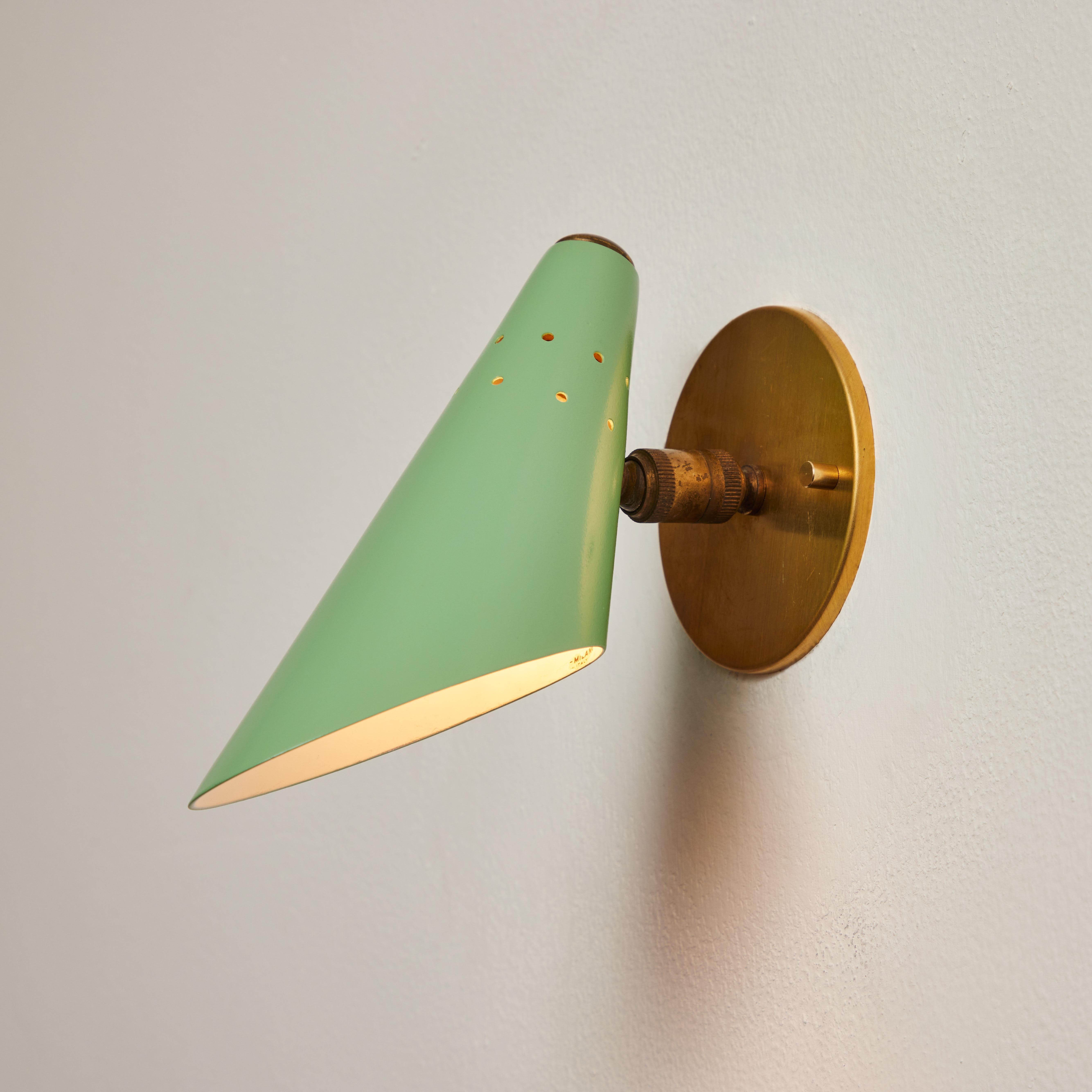 Mid-Century Modern Pair of 1960s Stilux Milano Perforated Green & Brass Articulating Sconces