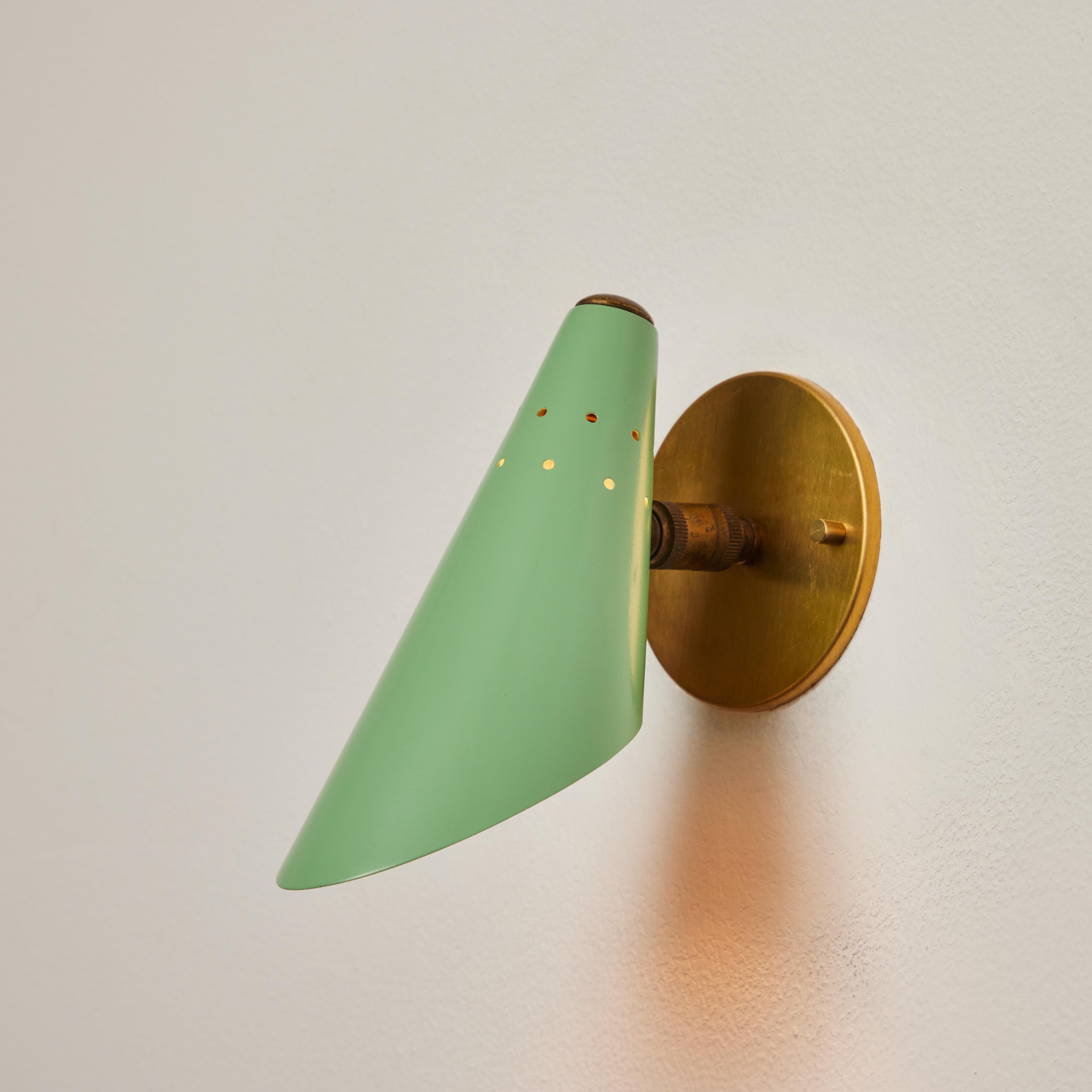 Italian Pair of 1960s Stilux Milano Perforated Green & Brass Articulating Sconces