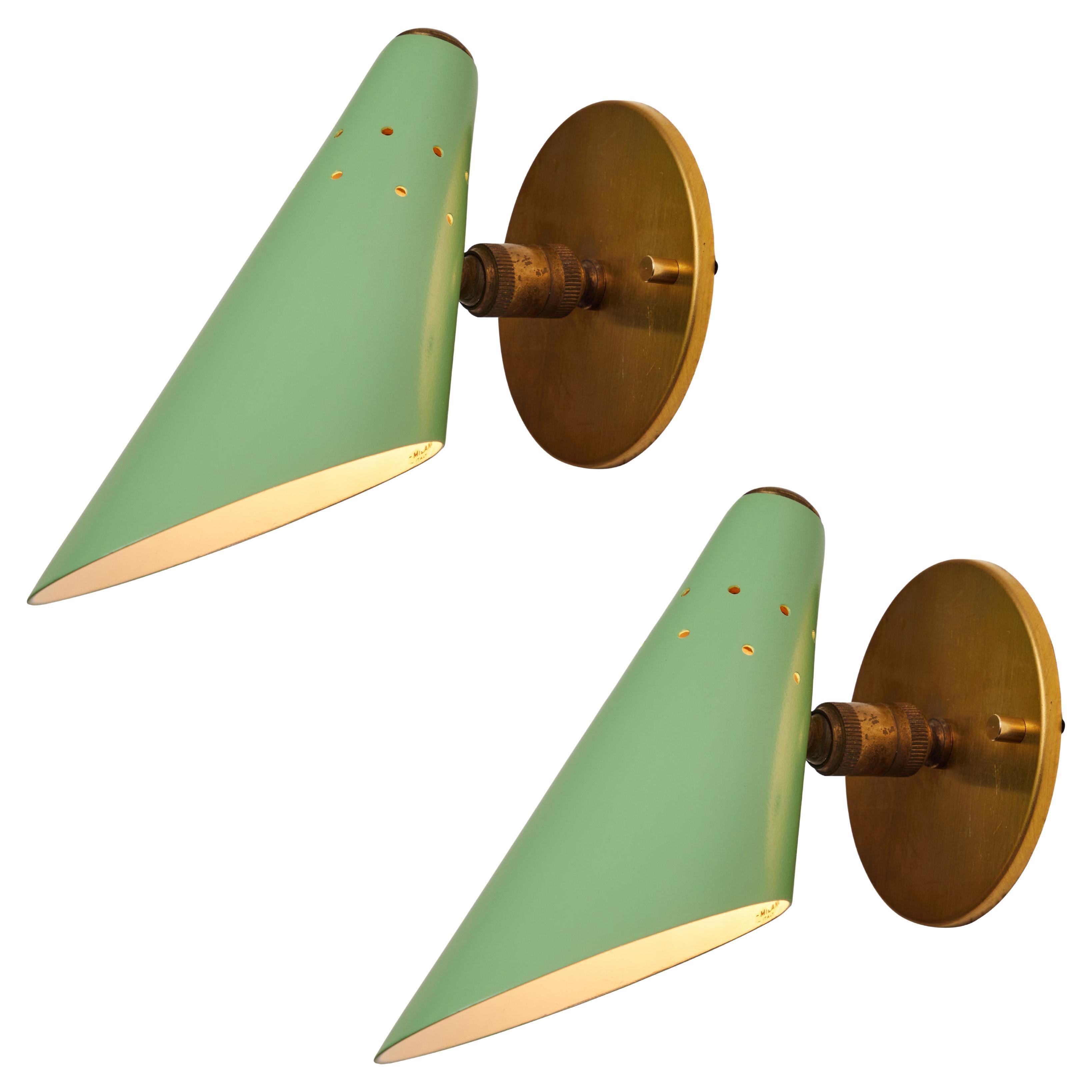 Pair of 1960s Stilux Milano Perforated Green & Brass Articulating Sconces