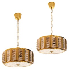 Pair of 1960s Swedish Orrefors Brass & Glass Ceiling Lights by Carl Fagerlund