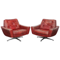 Pair of 1960s Swedish Red Leather Tufted Swivel Chairs