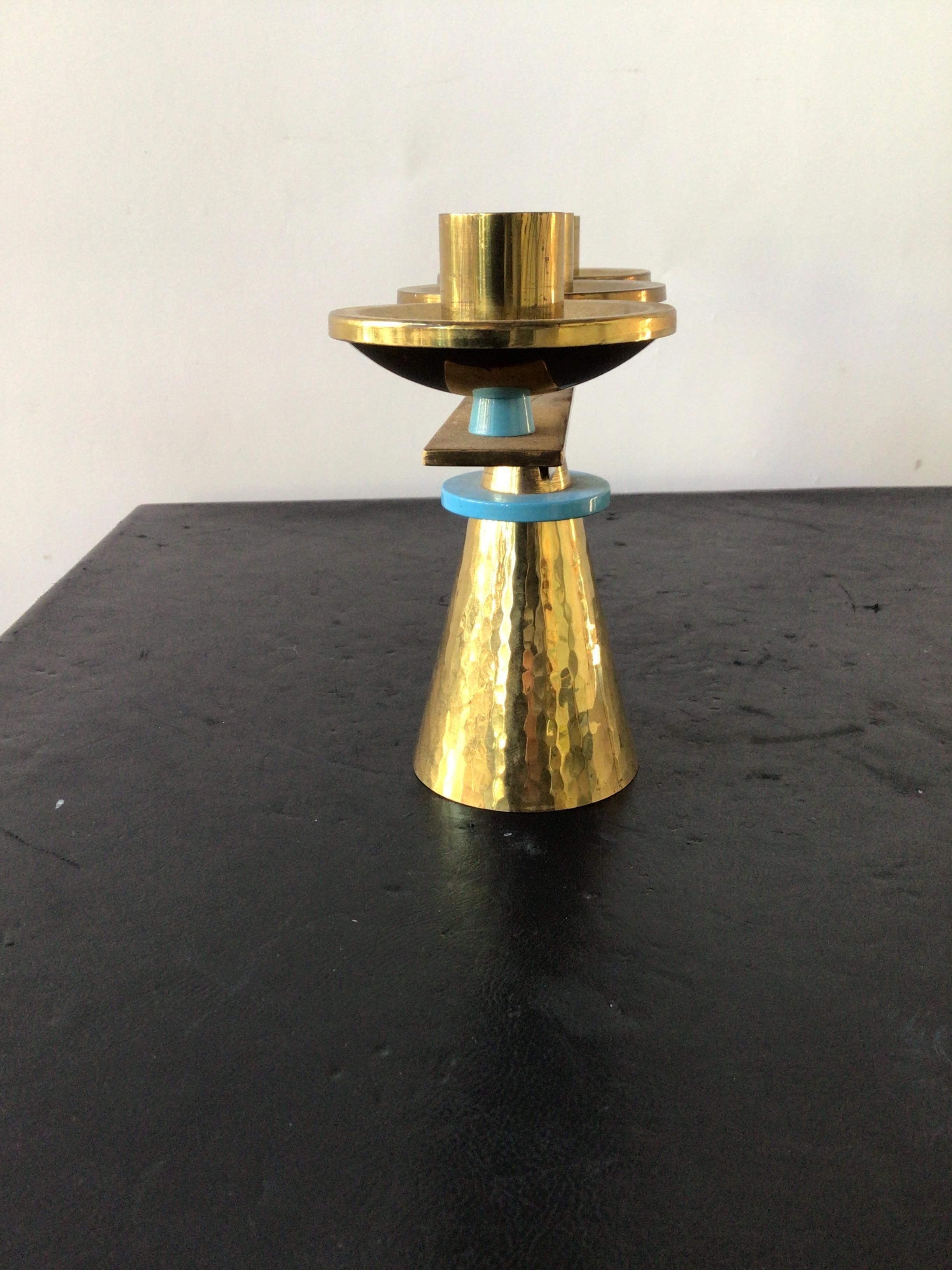 Pair of 1960s Swiss Hand Hammered Brass Candlesticks For Sale 5