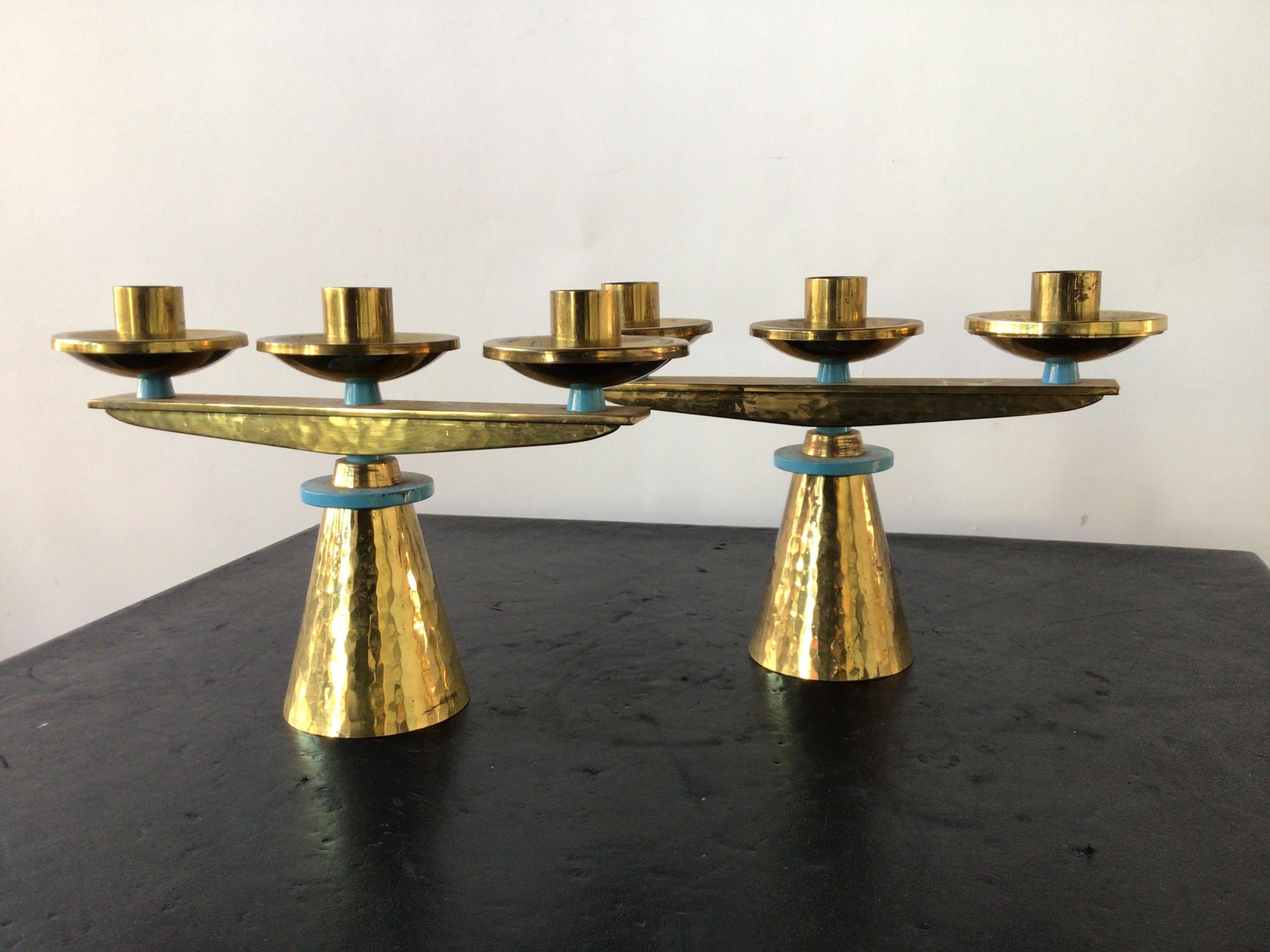 Pair of 1960s Swiss hand hammered brass candlesticks.