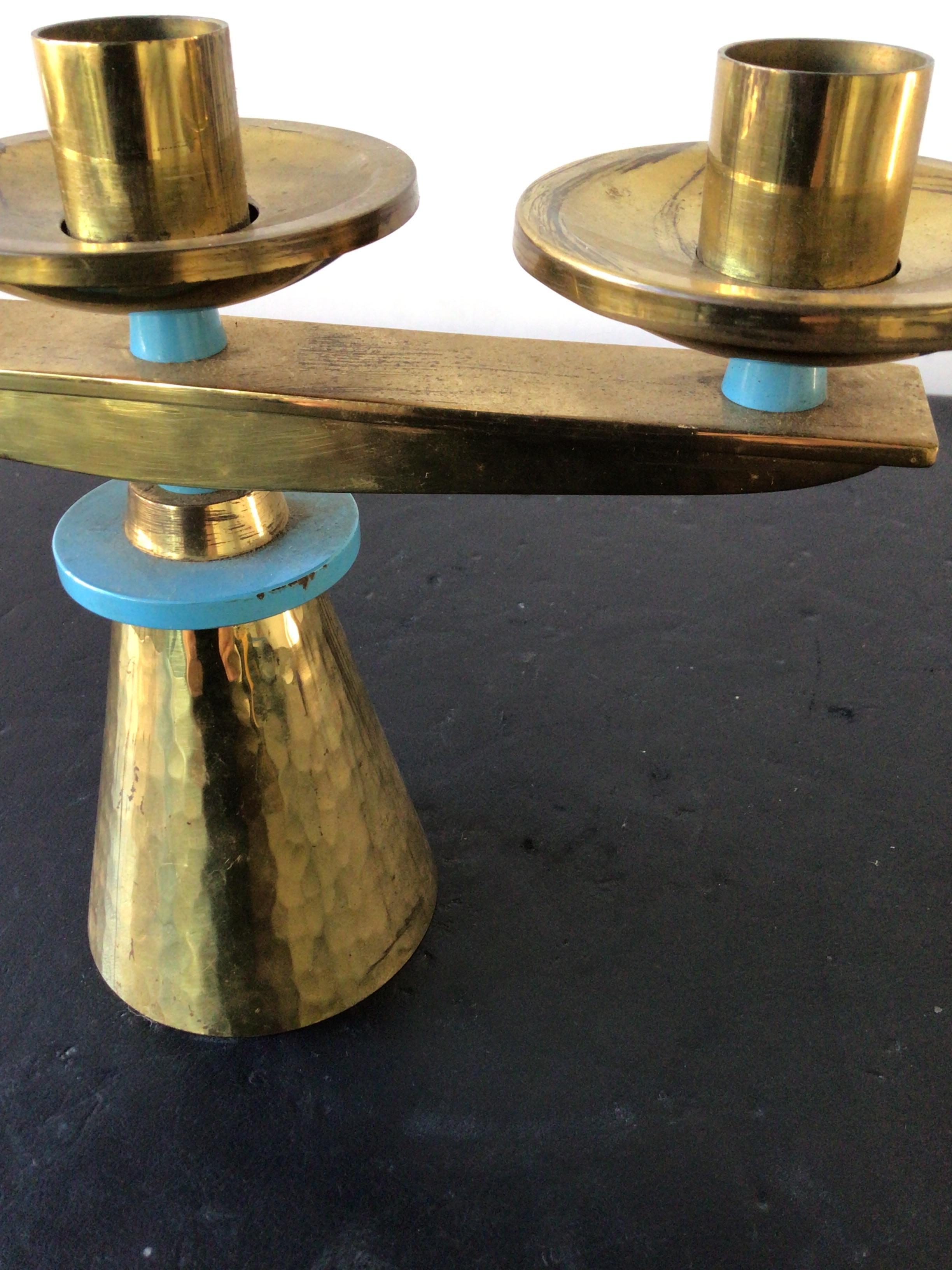 Pair of 1960s Swiss Hand Hammered Brass Candlesticks For Sale 1