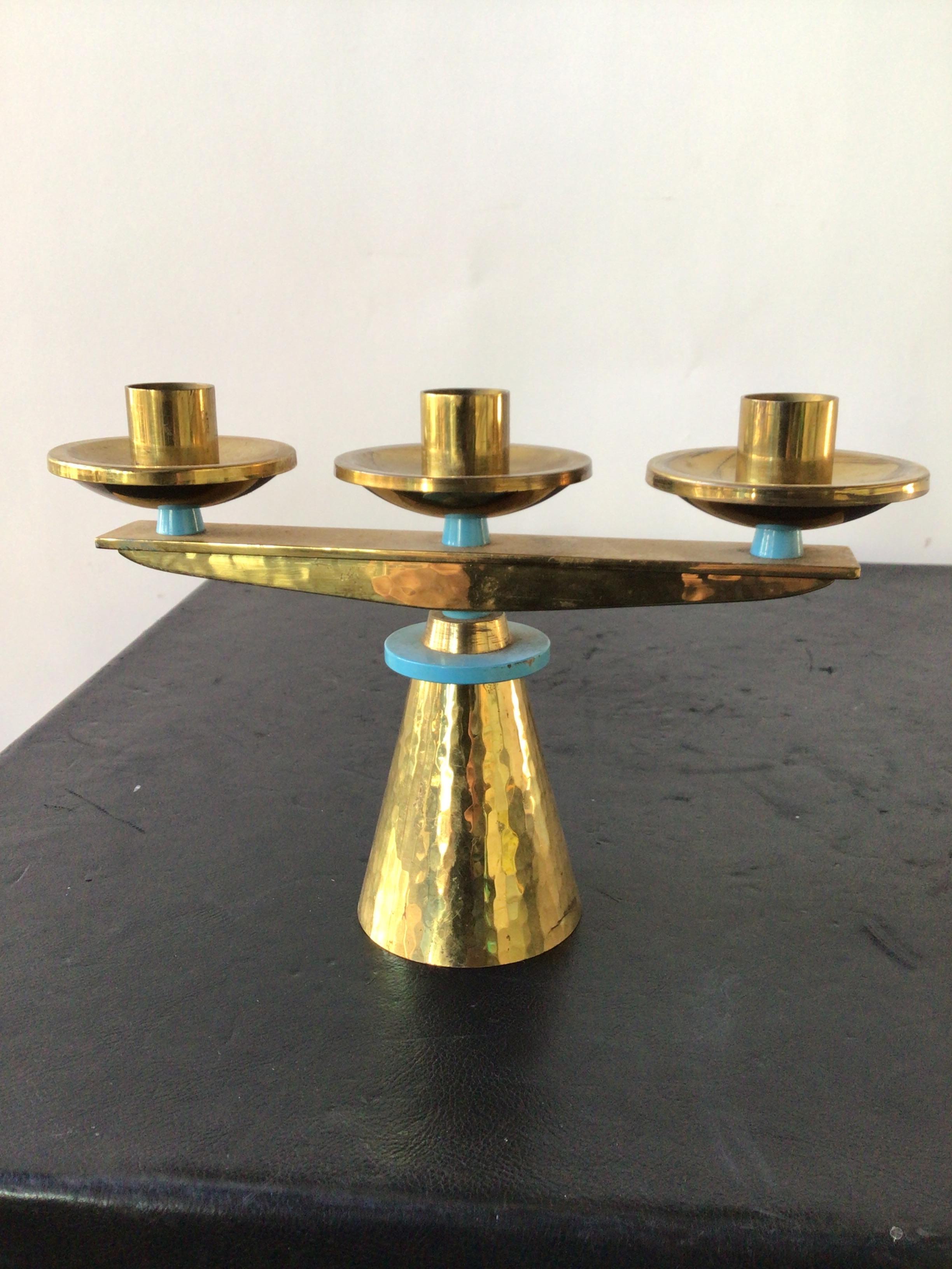 Pair of 1960s Swiss Hand Hammered Brass Candlesticks For Sale 2