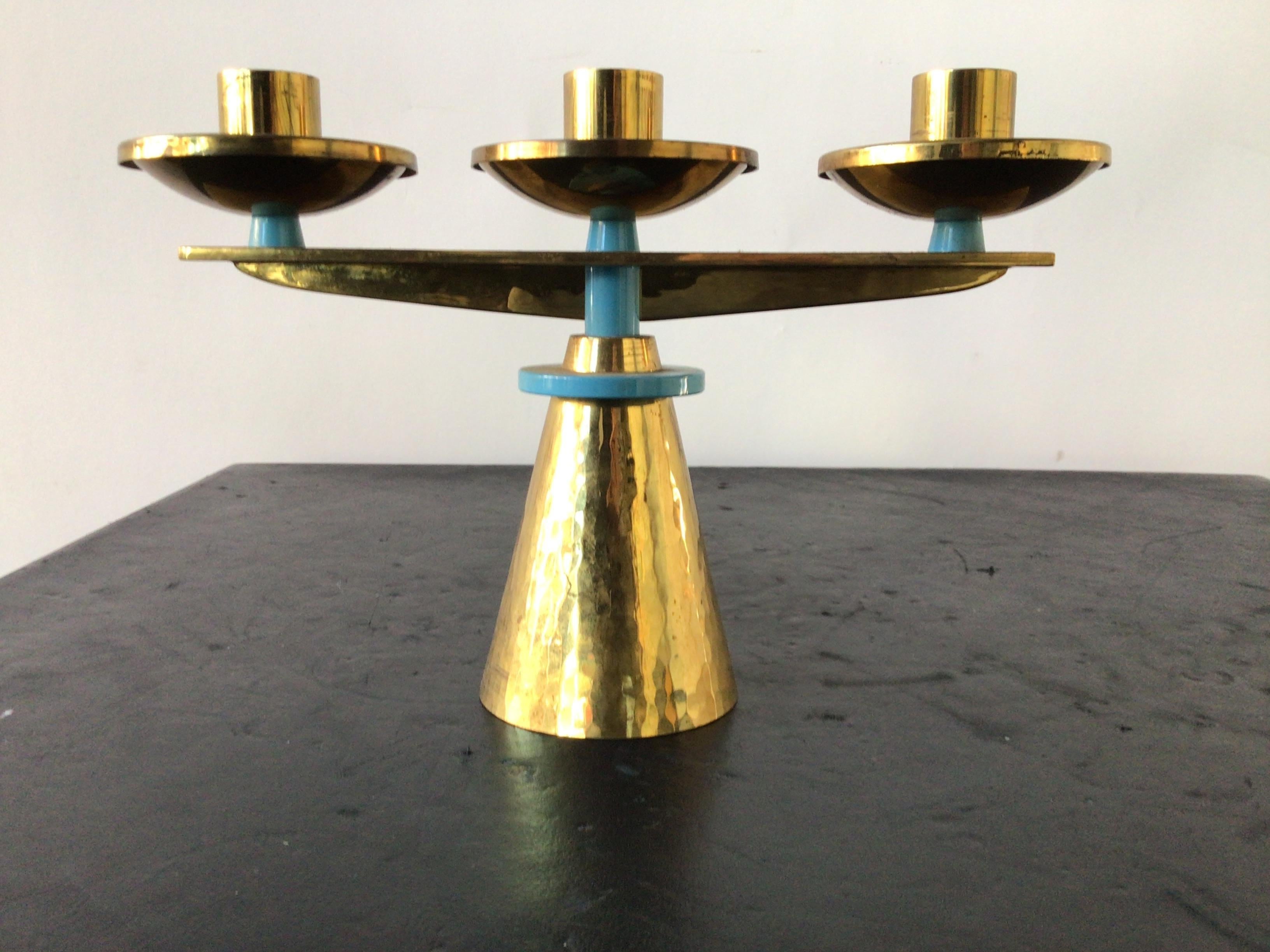 Pair of 1960s Swiss Hand Hammered Brass Candlesticks For Sale 4