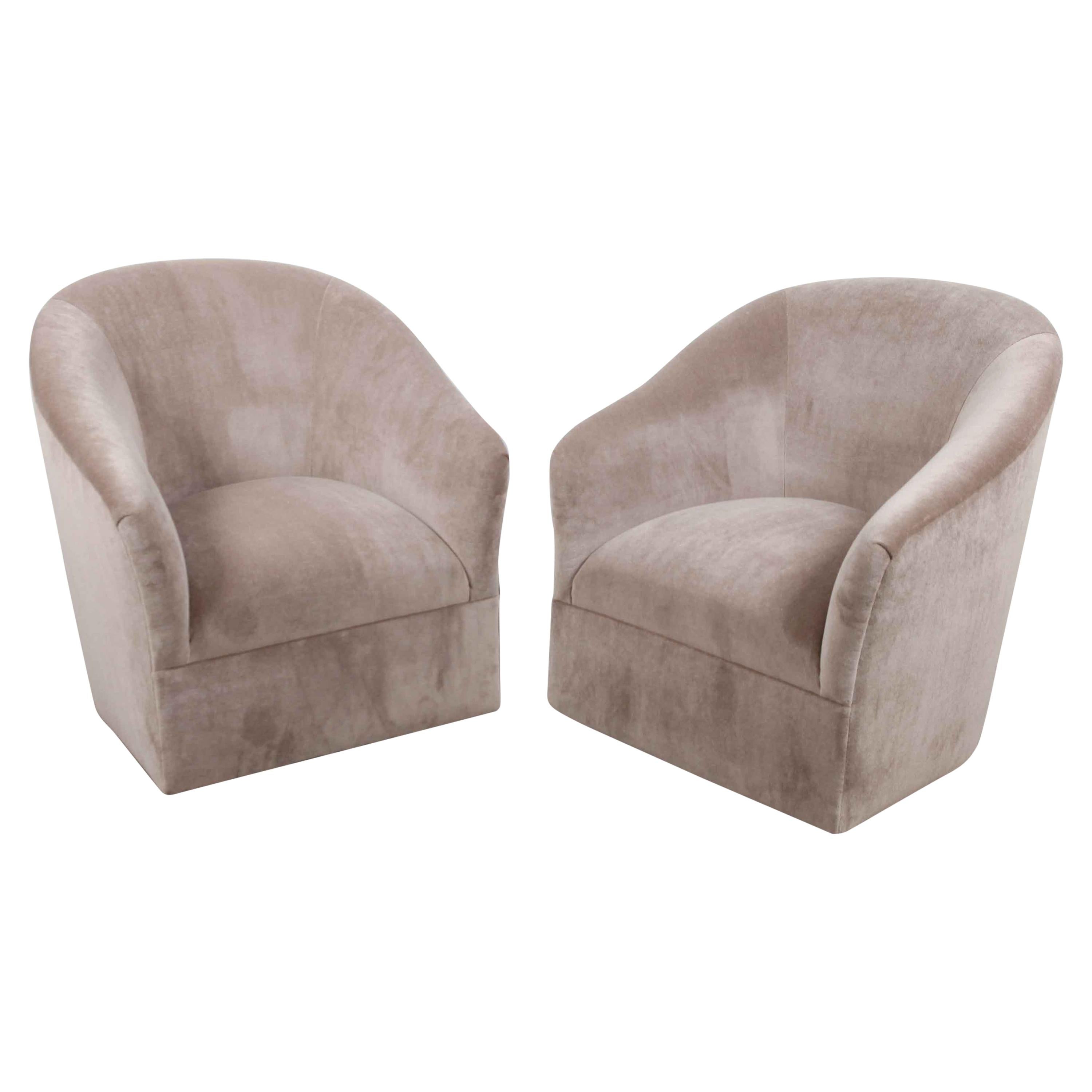 Pair of 1960s Swivel Chairs Newly Upholstered in Mohair