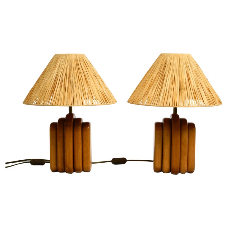 A pair of 60s table lamps by Temde made from solid teak with paper straw  shades For Sale at 1stDibs