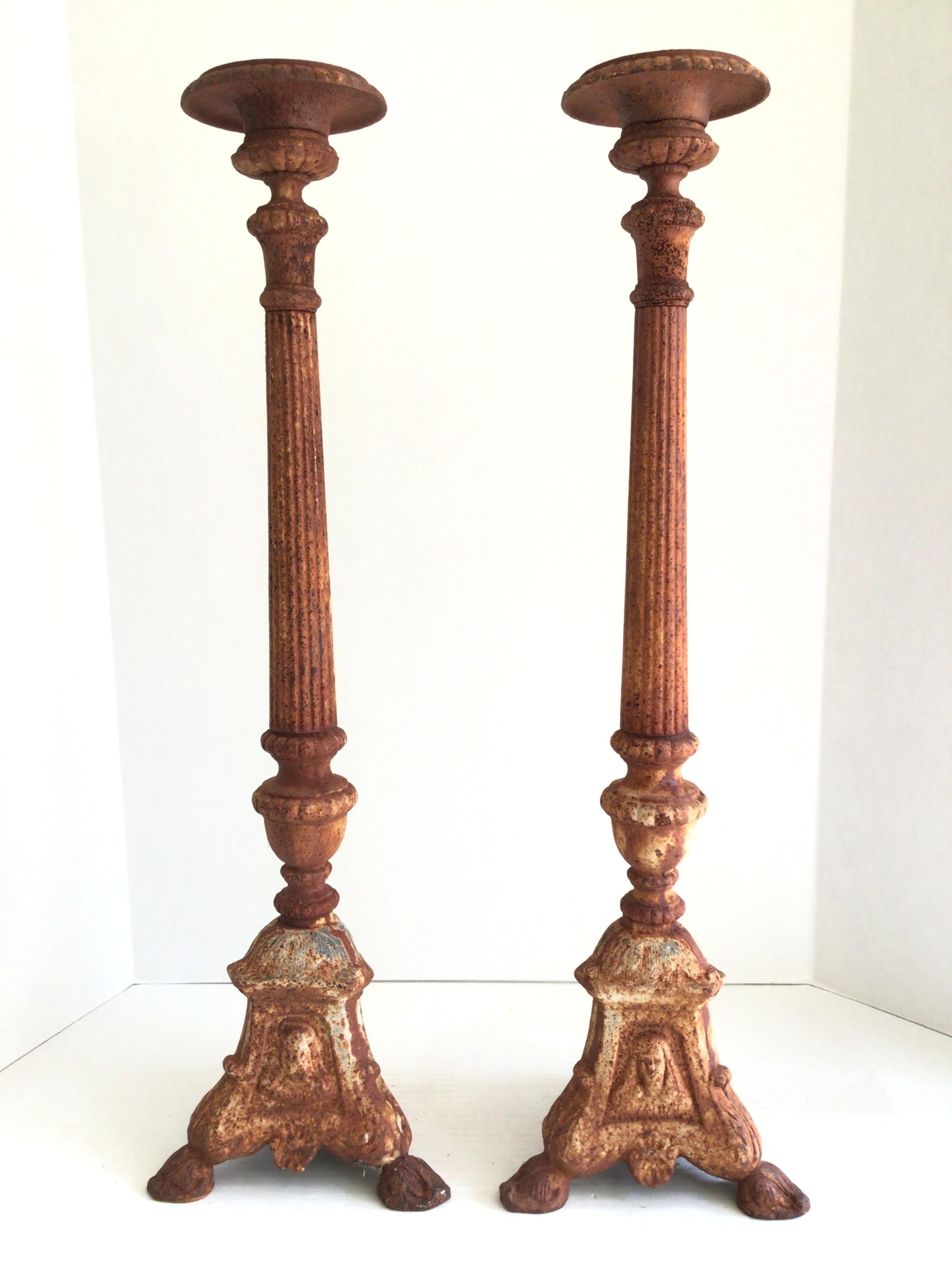 Pair of 1960s Tall Rusted Iron Candlestick Holders
Fluted round column
Tripod base