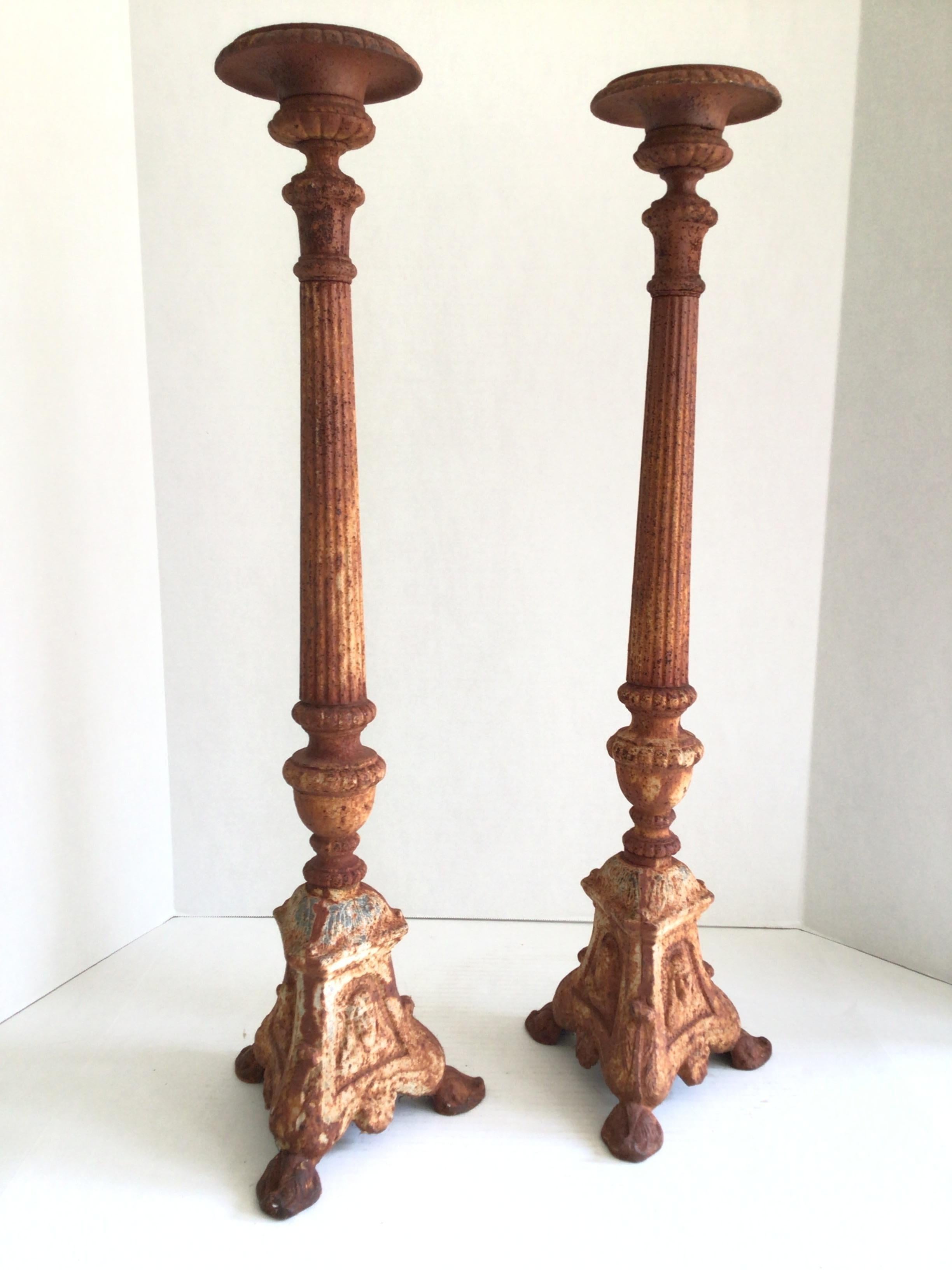 Cast Pair of 1960s Tall Rusted Iron Candlestick Holders For Sale