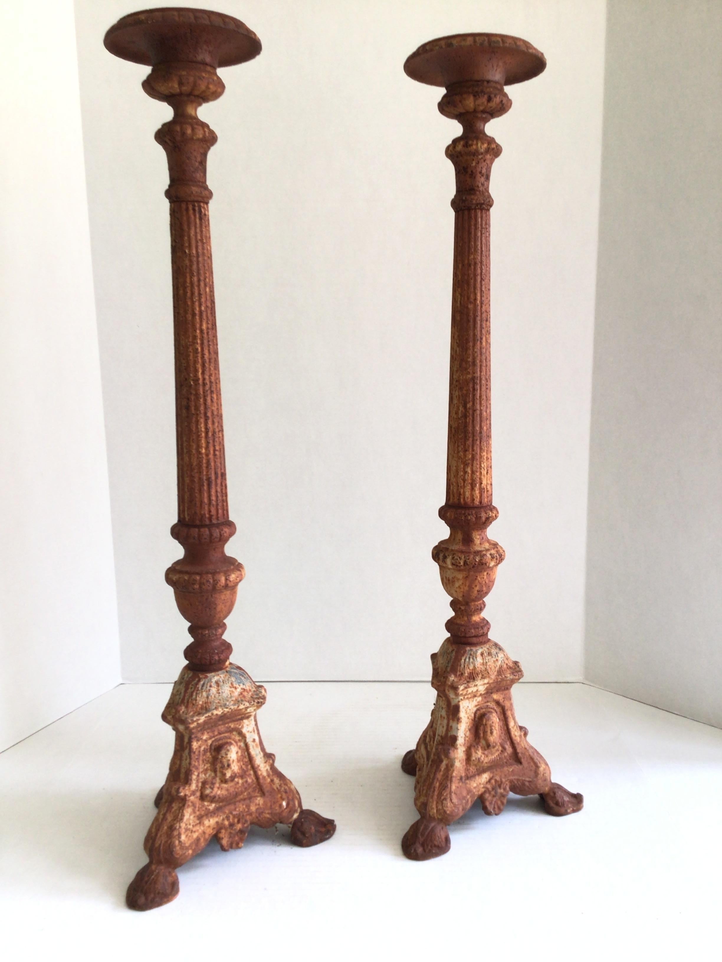 Pair of 1960s Tall Rusted Iron Candlestick Holders In Good Condition For Sale In Tarrytown, NY