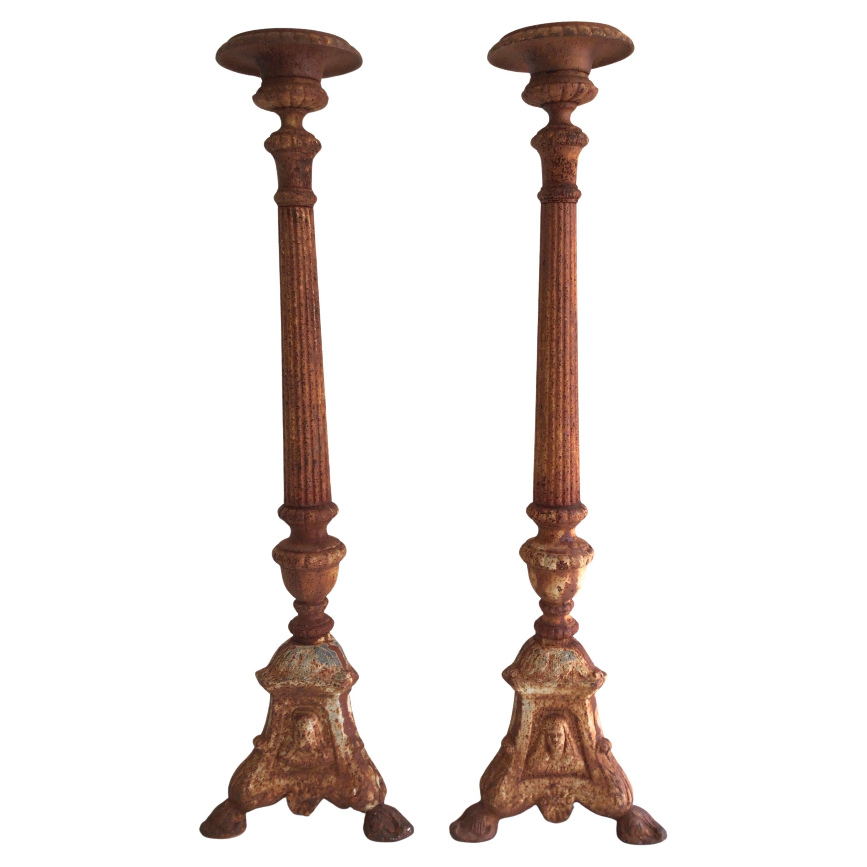 Pair of 1960s Tall Rusted Iron Candlestick Holders For Sale