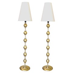 Pair of 1960s Tall Swedish Brass & Glass Bulbous Floor Lamps inc Original Shades