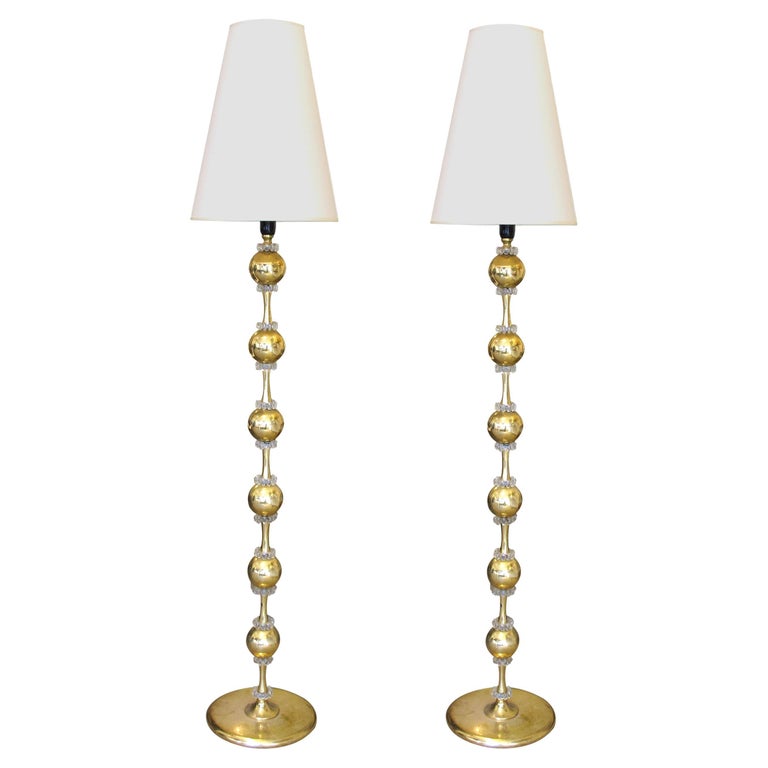 Pair of 1960s Tall Swedish Brass and Glass Bulbous Floor Lamps inc