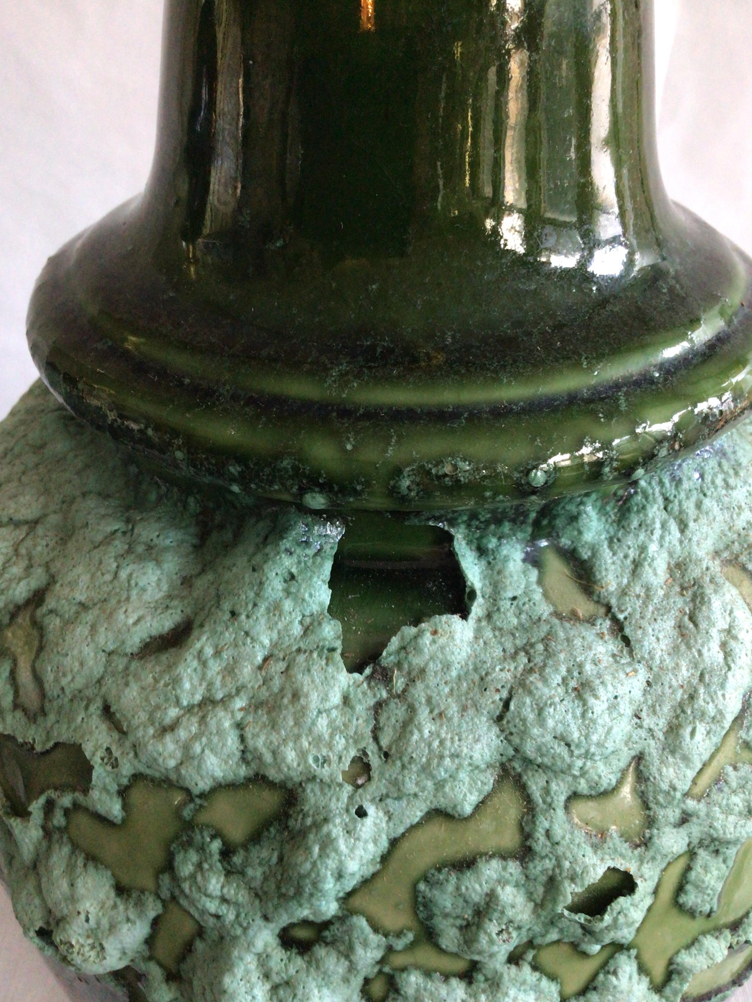 Pair of 1960s Textural Green Drip Glazed Lamps For Sale 5