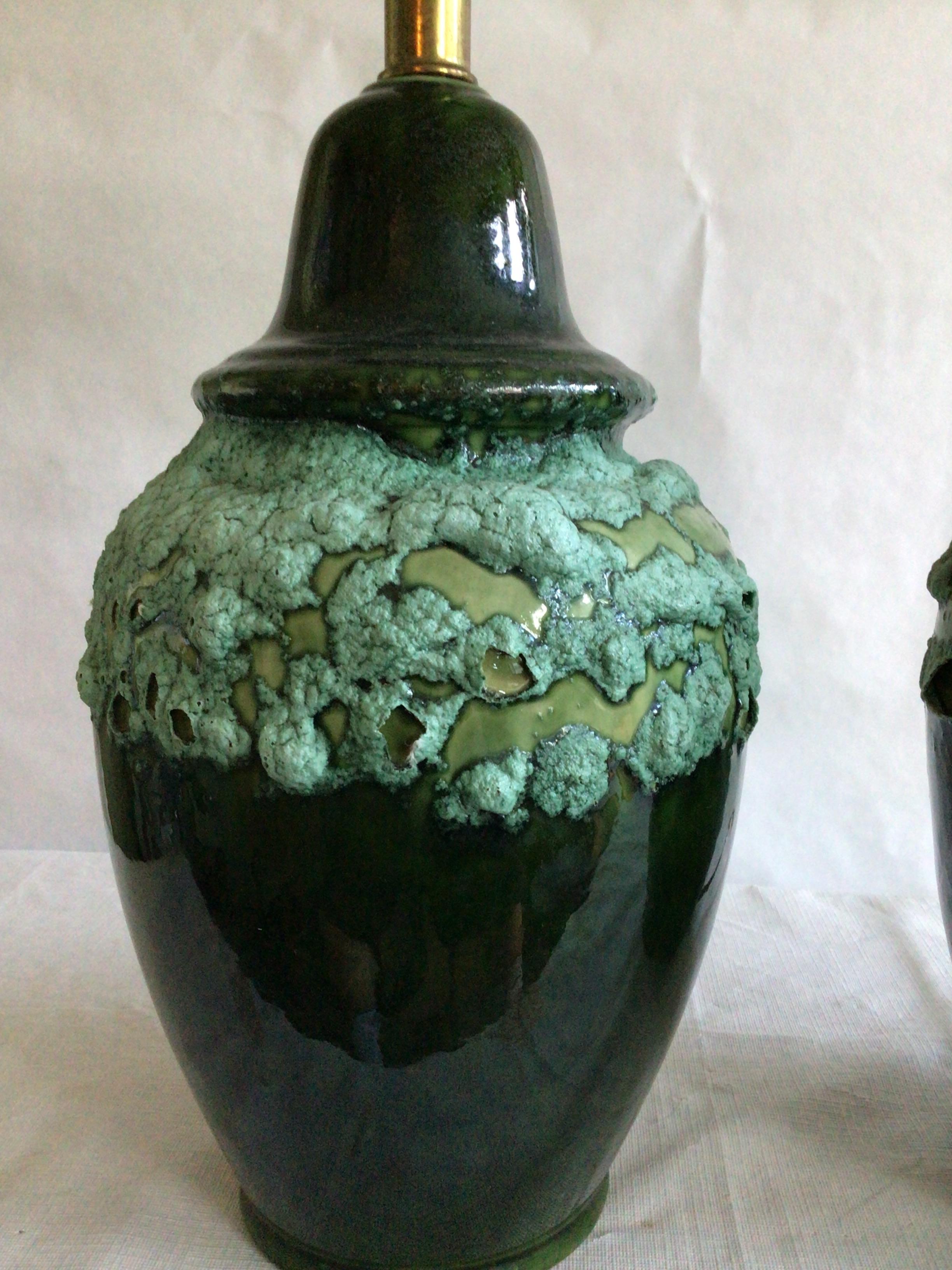 Pair of 1960s Textural Green Drip Glazed Lamps In Good Condition For Sale In Tarrytown, NY
