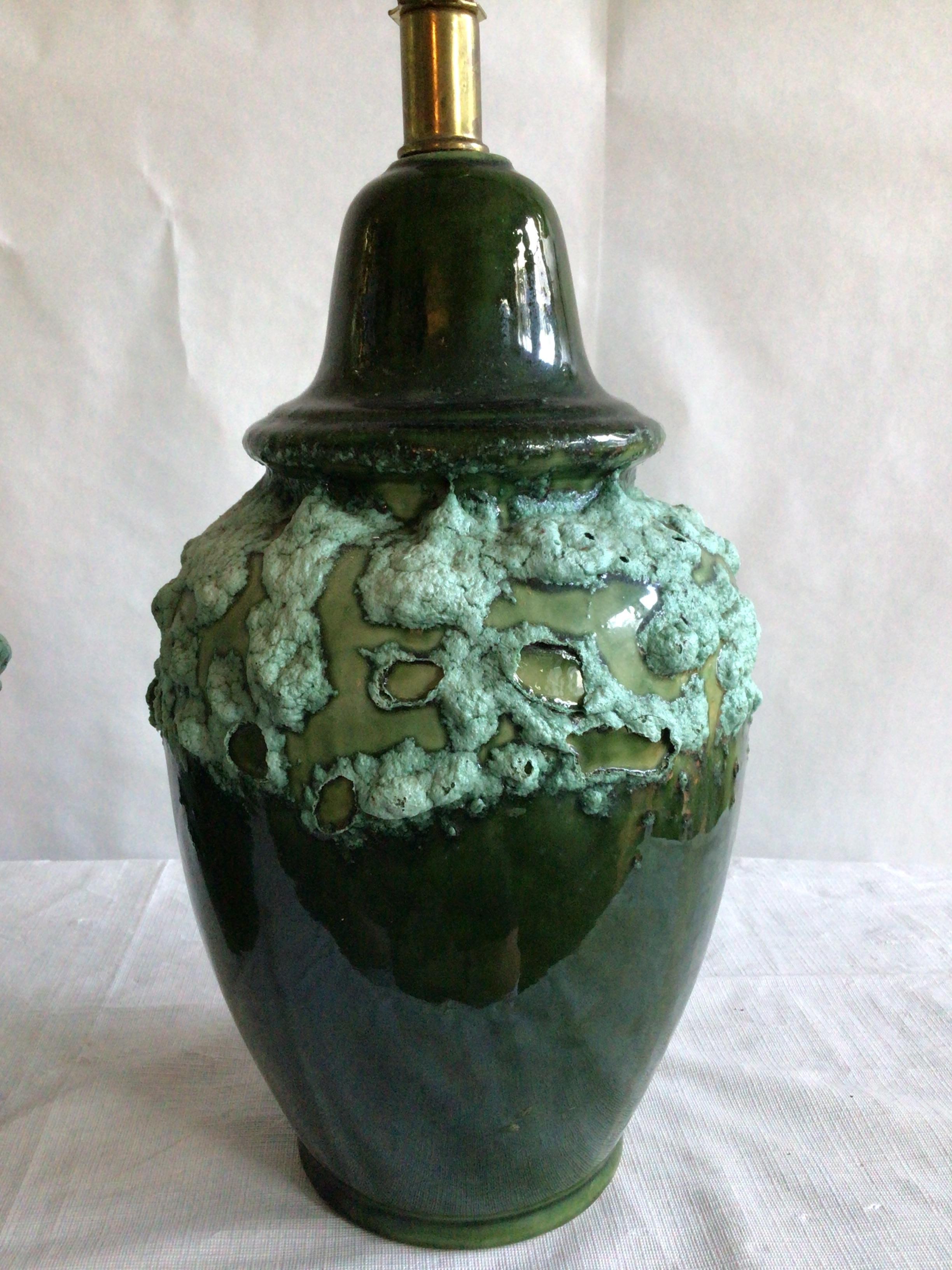 Mid-20th Century Pair of 1960s Textural Green Drip Glazed Lamps For Sale