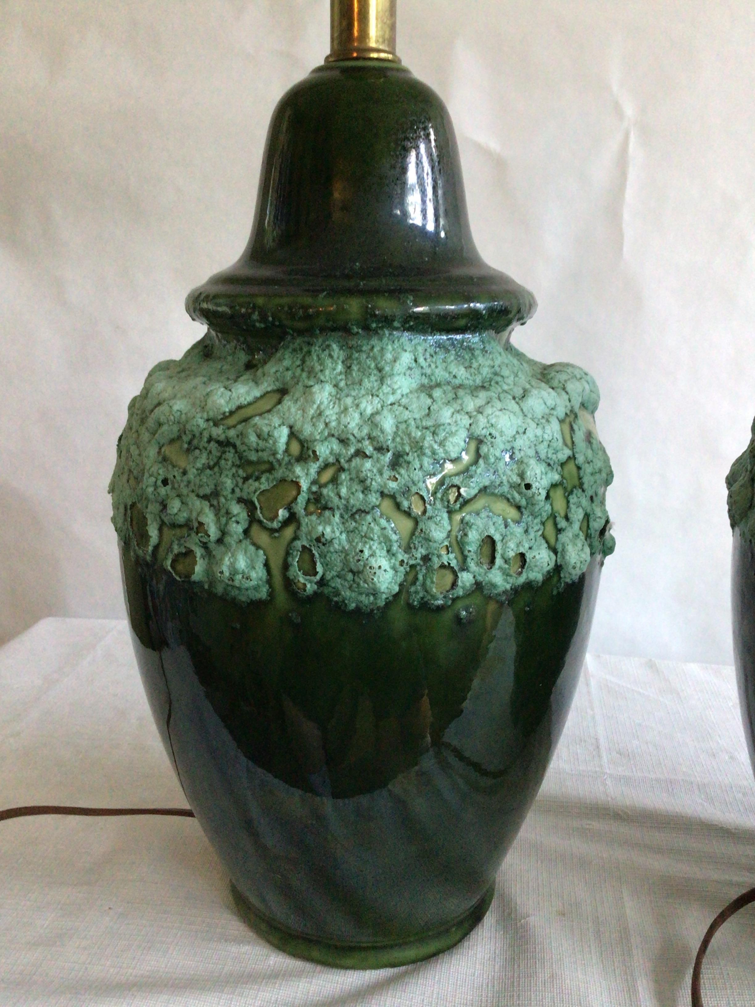 Ceramic Pair of 1960s Textural Green Drip Glazed Lamps For Sale