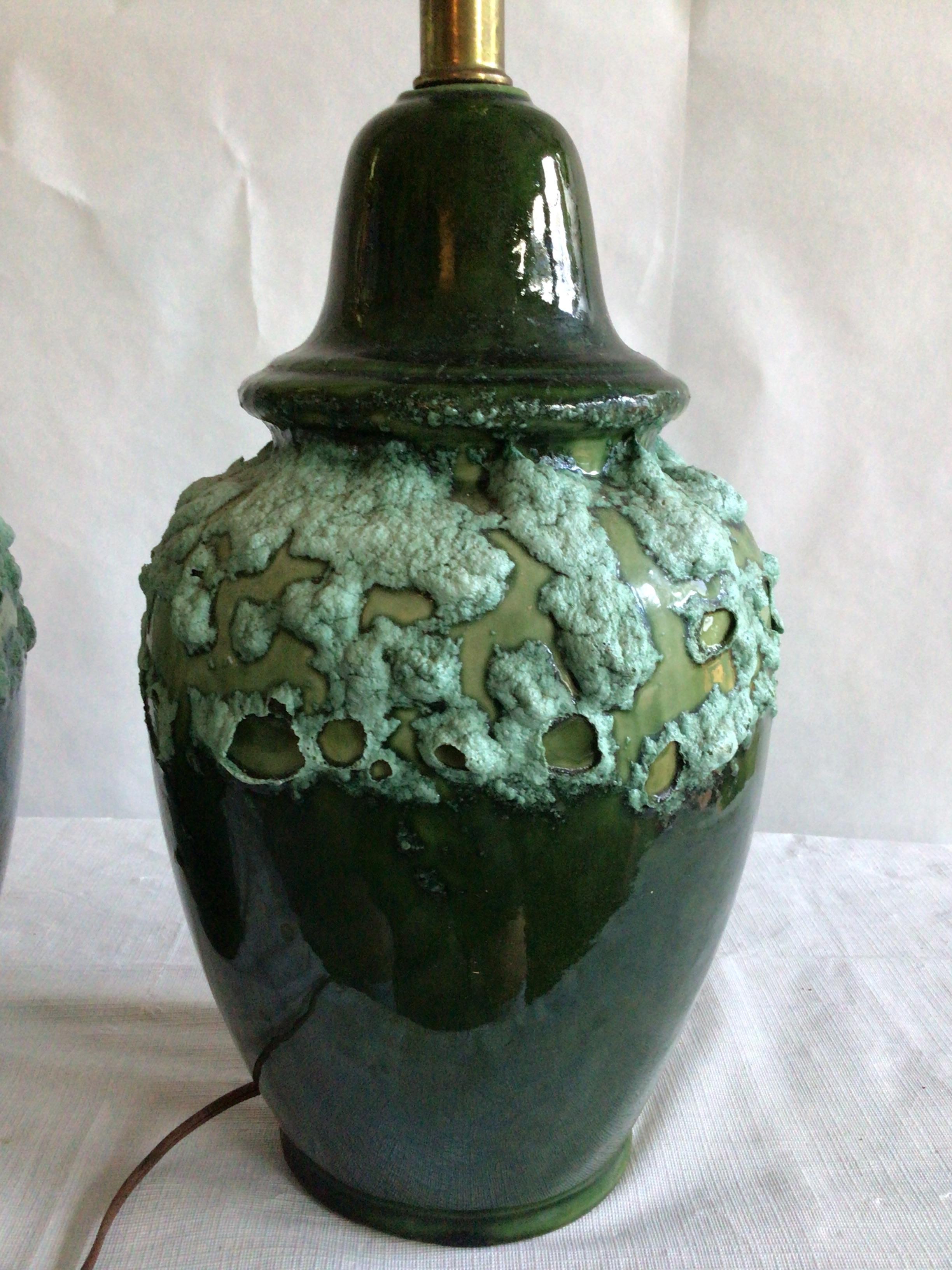Pair of 1960s Textural Green Drip Glazed Lamps For Sale 1