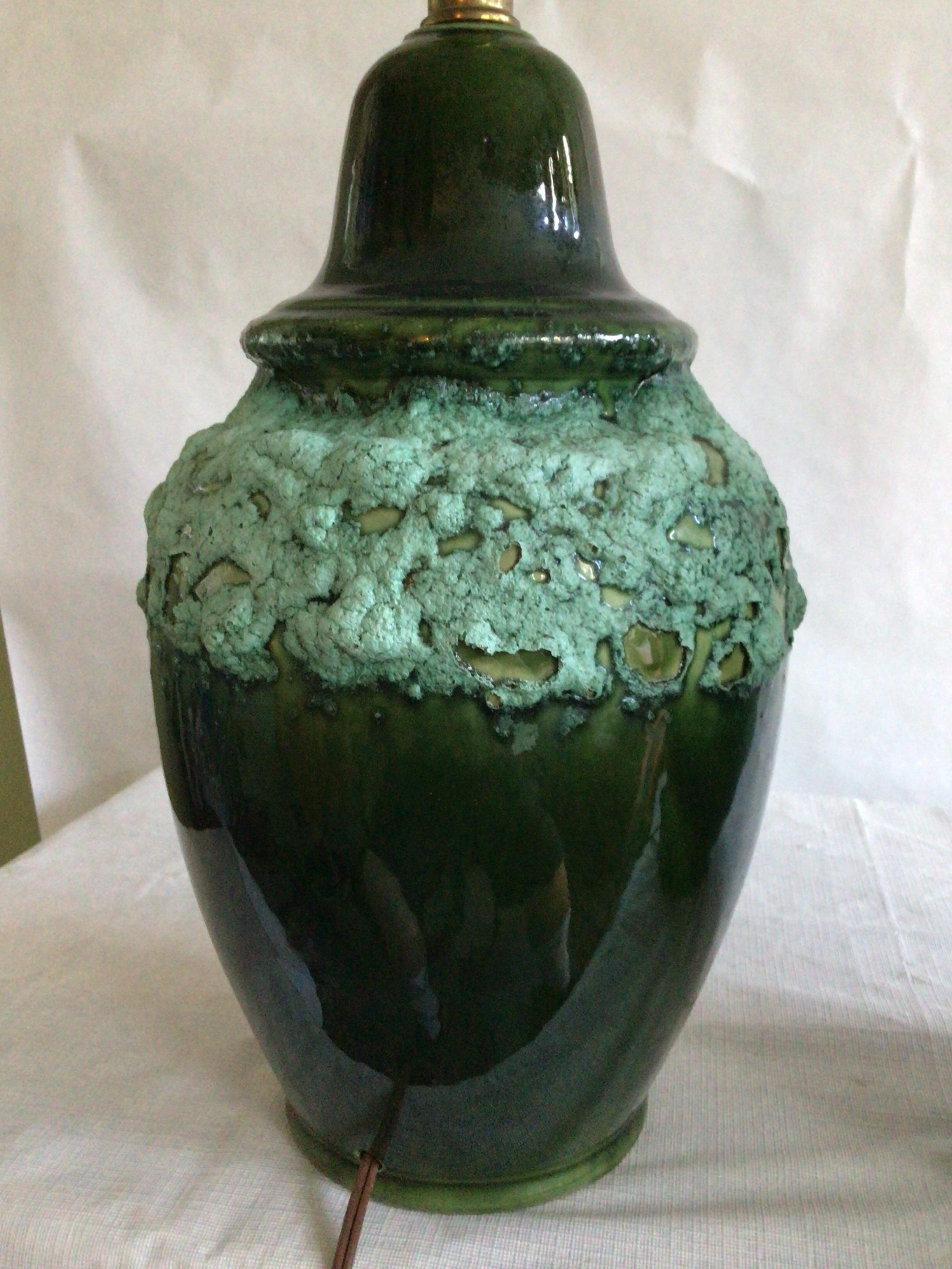 Pair of 1960s Textural Green Drip Glazed Lamps For Sale 2