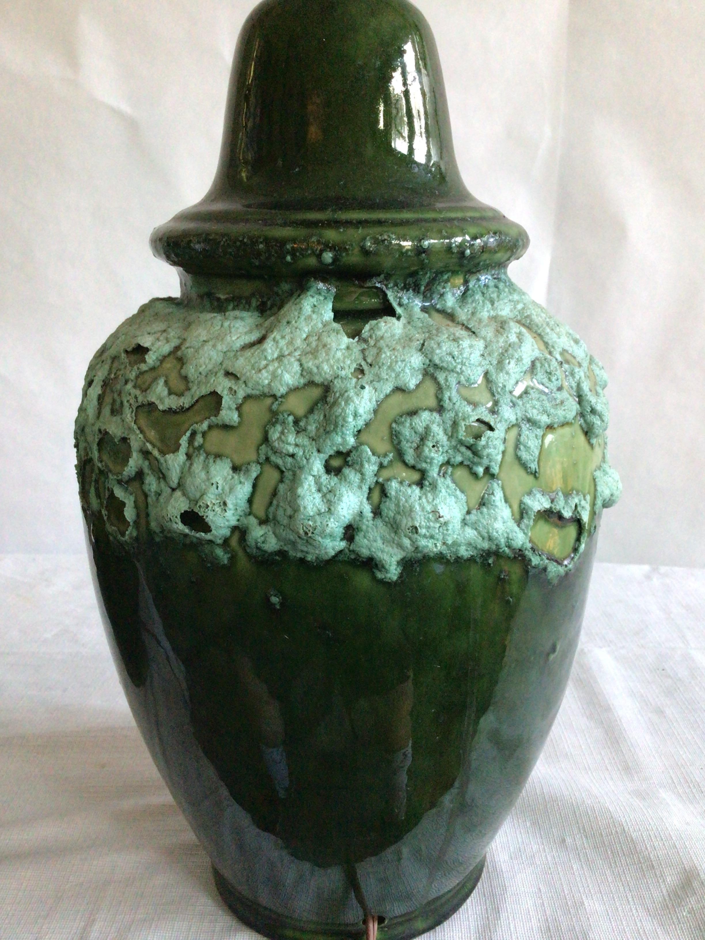Pair of 1960s Textural Green Drip Glazed Lamps For Sale 3