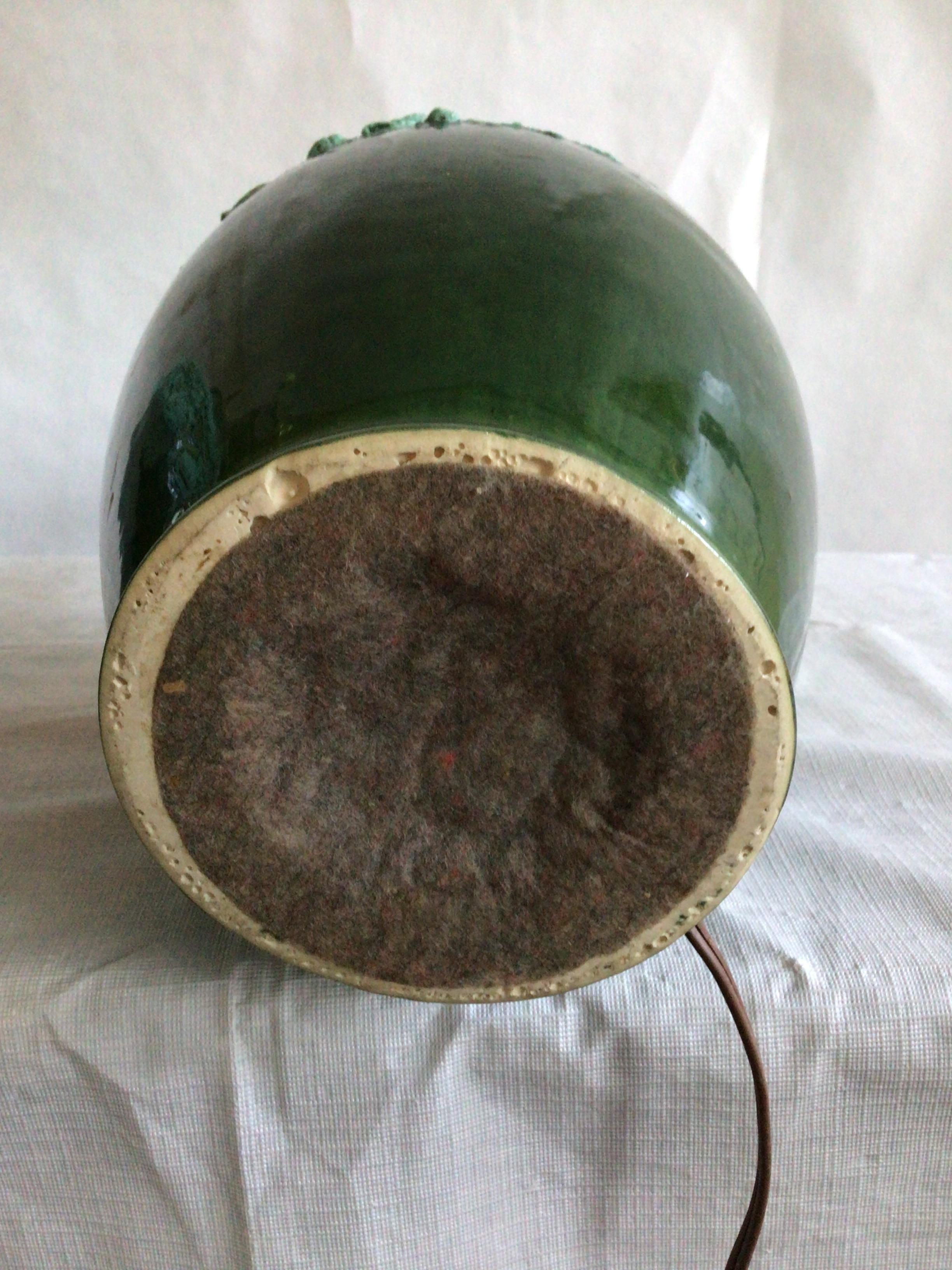 Pair of 1960s Textural Green Drip Glazed Lamps For Sale 4