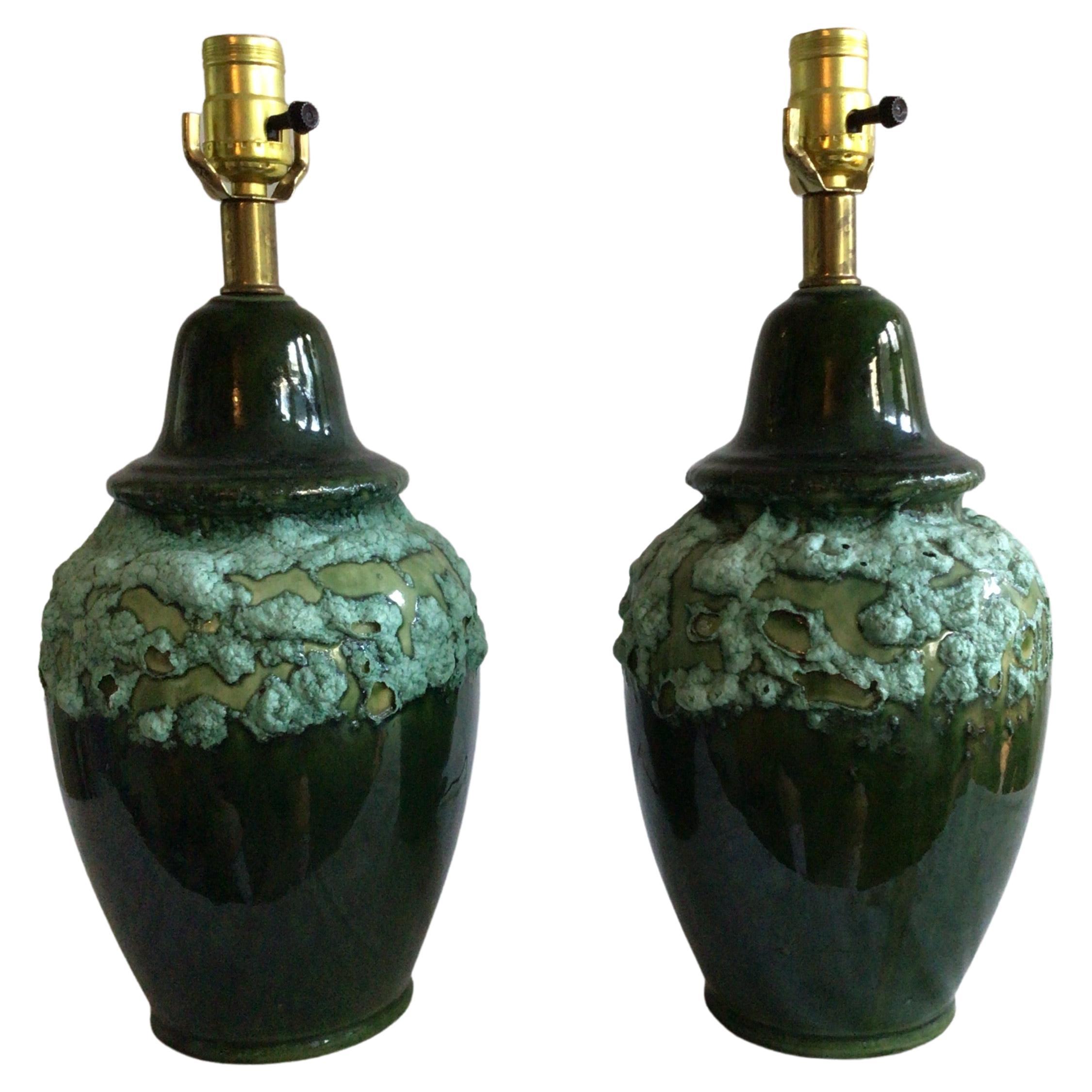 Pair of 1960s Textural Green Drip Glazed Lamps For Sale