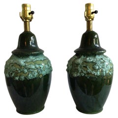 Vintage Pair of 1960s Textural Green Drip Glazed Lamps