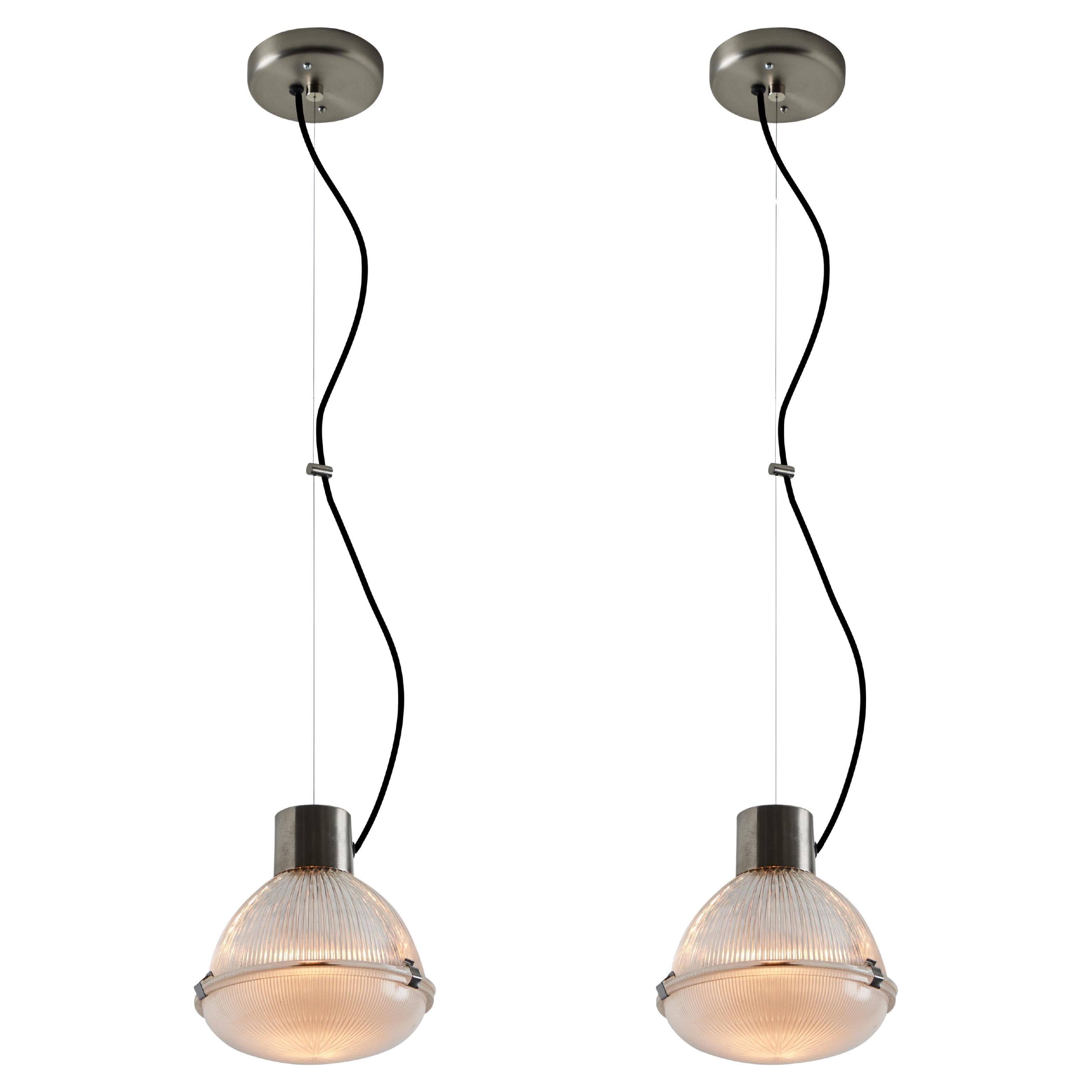 Pair of 1960s Tito Agnoli Glass & Metal Suspension Lamps for O-Luce