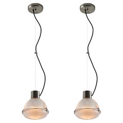 Vintage Pair of 1960s Tito Agnoli Glass & Metal Suspension Lamps for O-Luce