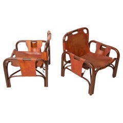 Pair of 1960's Tito Agnoli Leather and Bamboo Lounge Chairs