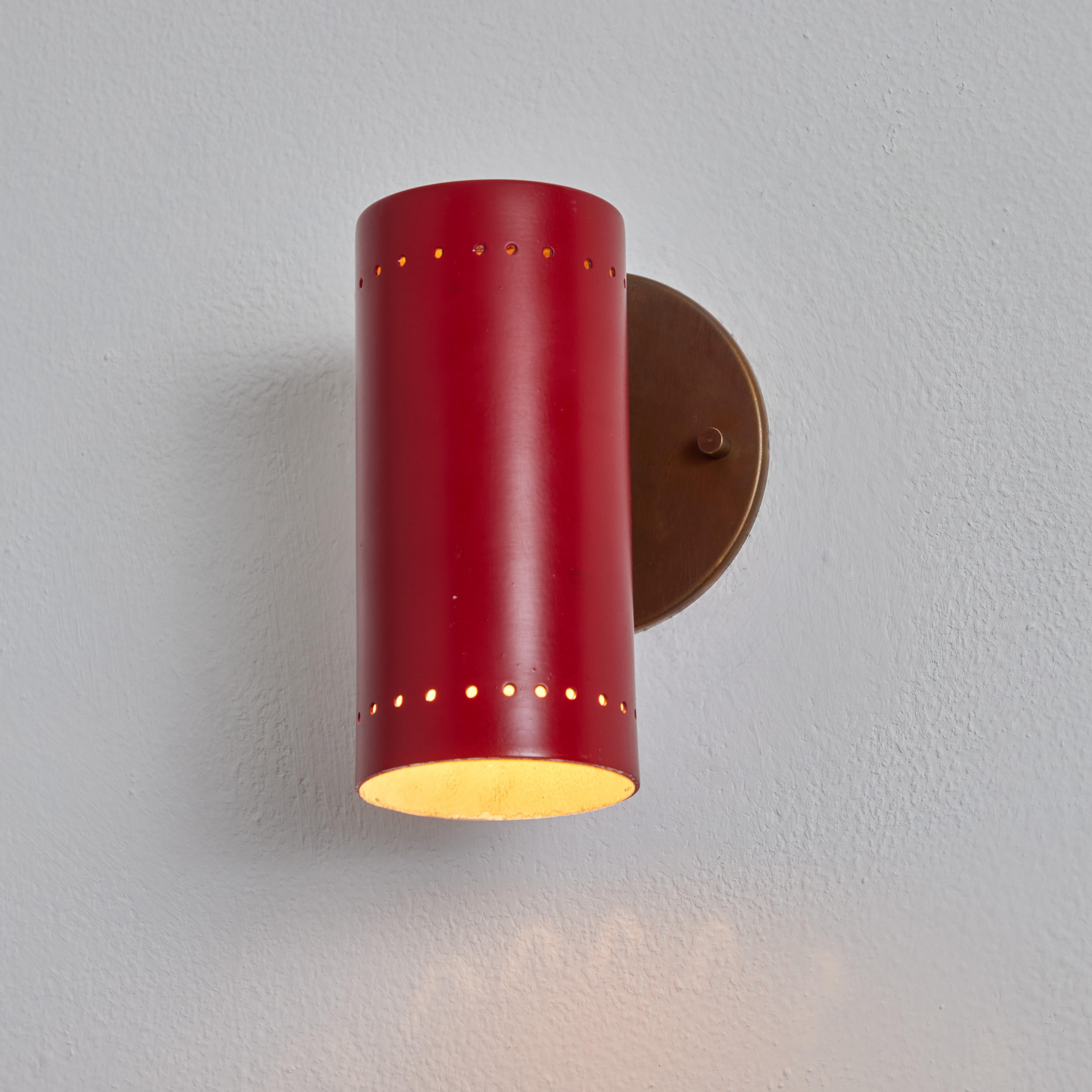 Italian Pair of 1960s Tito Agnoli Red and Brass Articulating Sconces for O-Luce For Sale