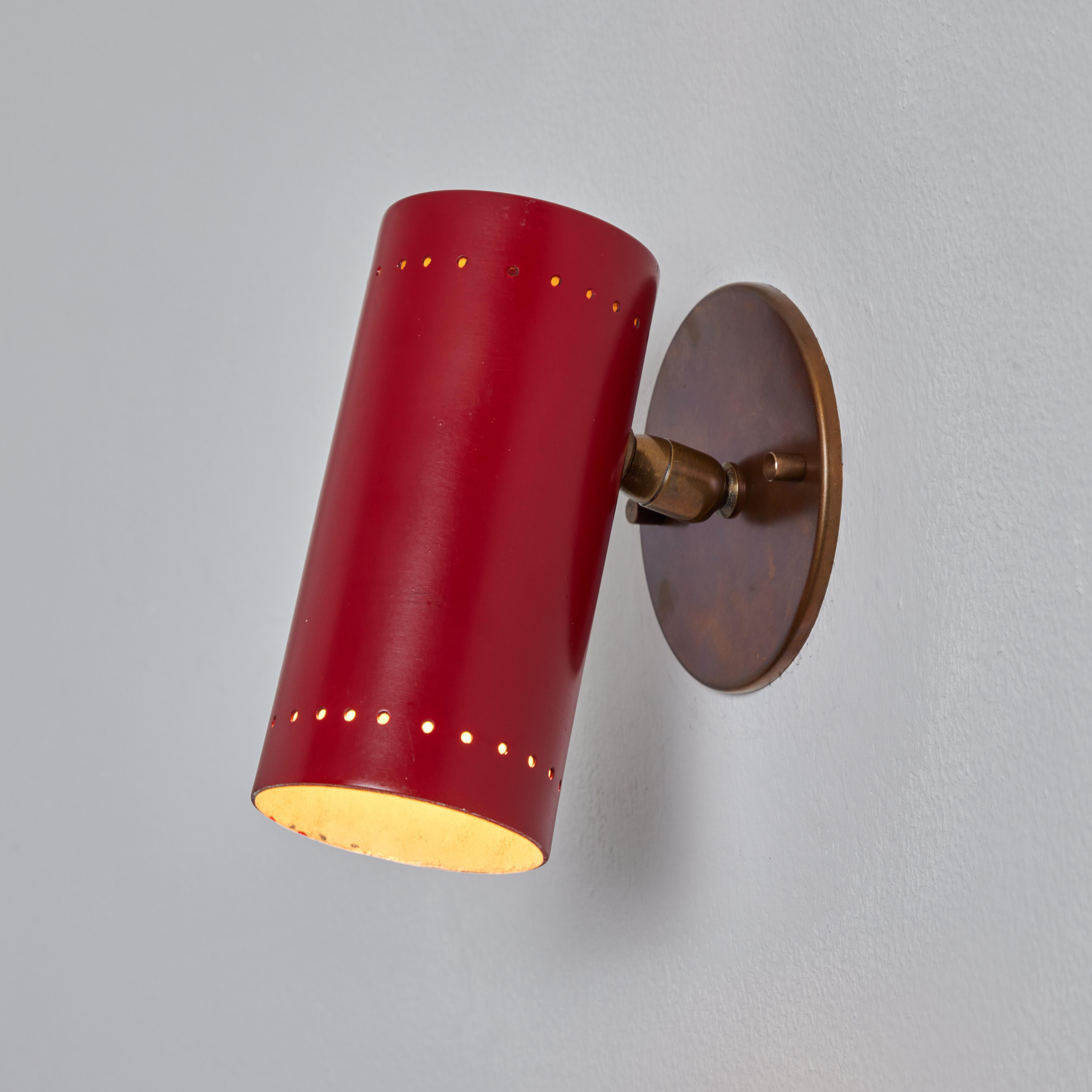 Metal Pair of 1960s Tito Agnoli Red and Brass Articulating Sconces for O-Luce For Sale