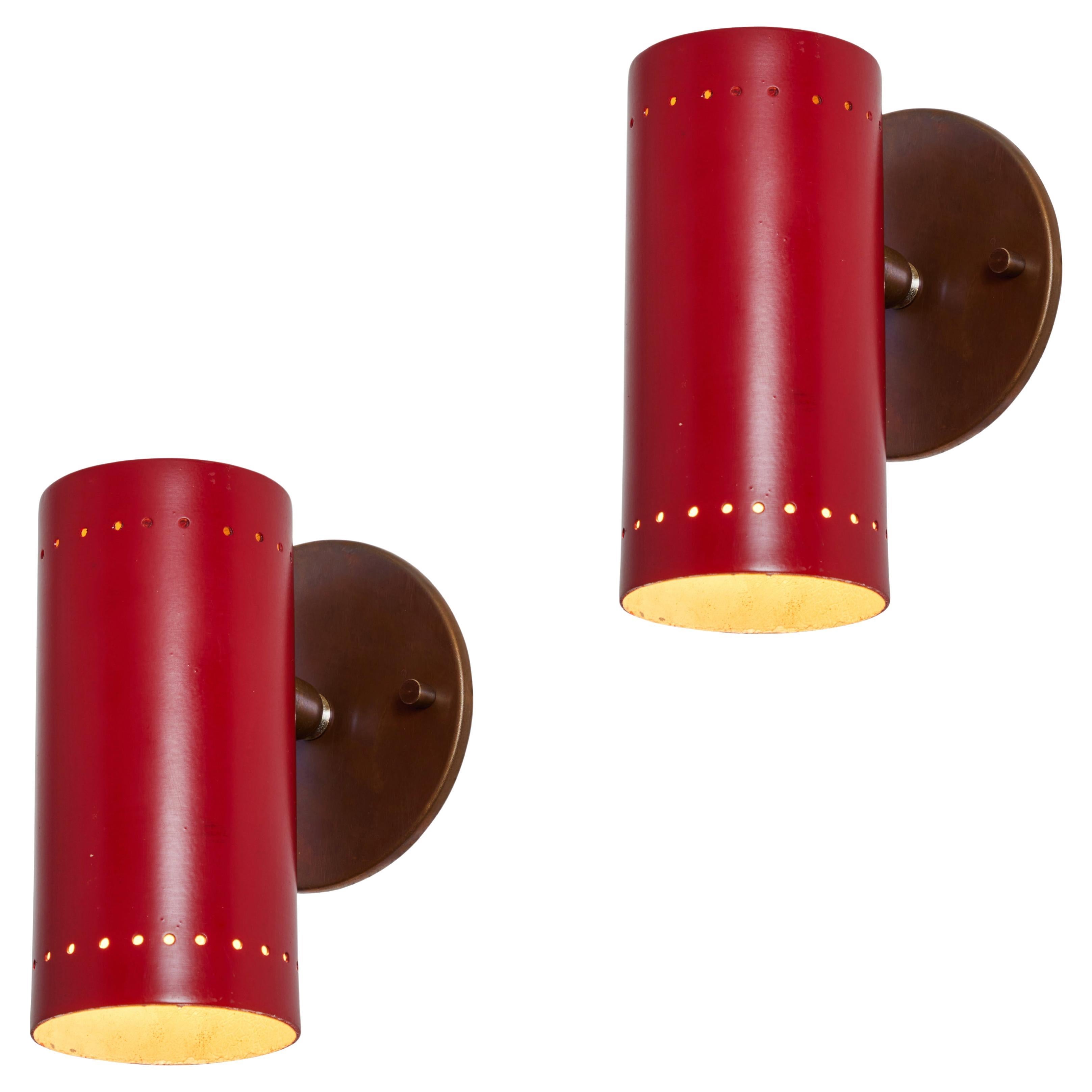 Pair of 1960s Tito Agnoli Red and Brass Articulating Sconces for O-Luce For Sale