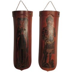 Pair of 1960s Tooled Leather Mid Evil Curved Wall Plaques