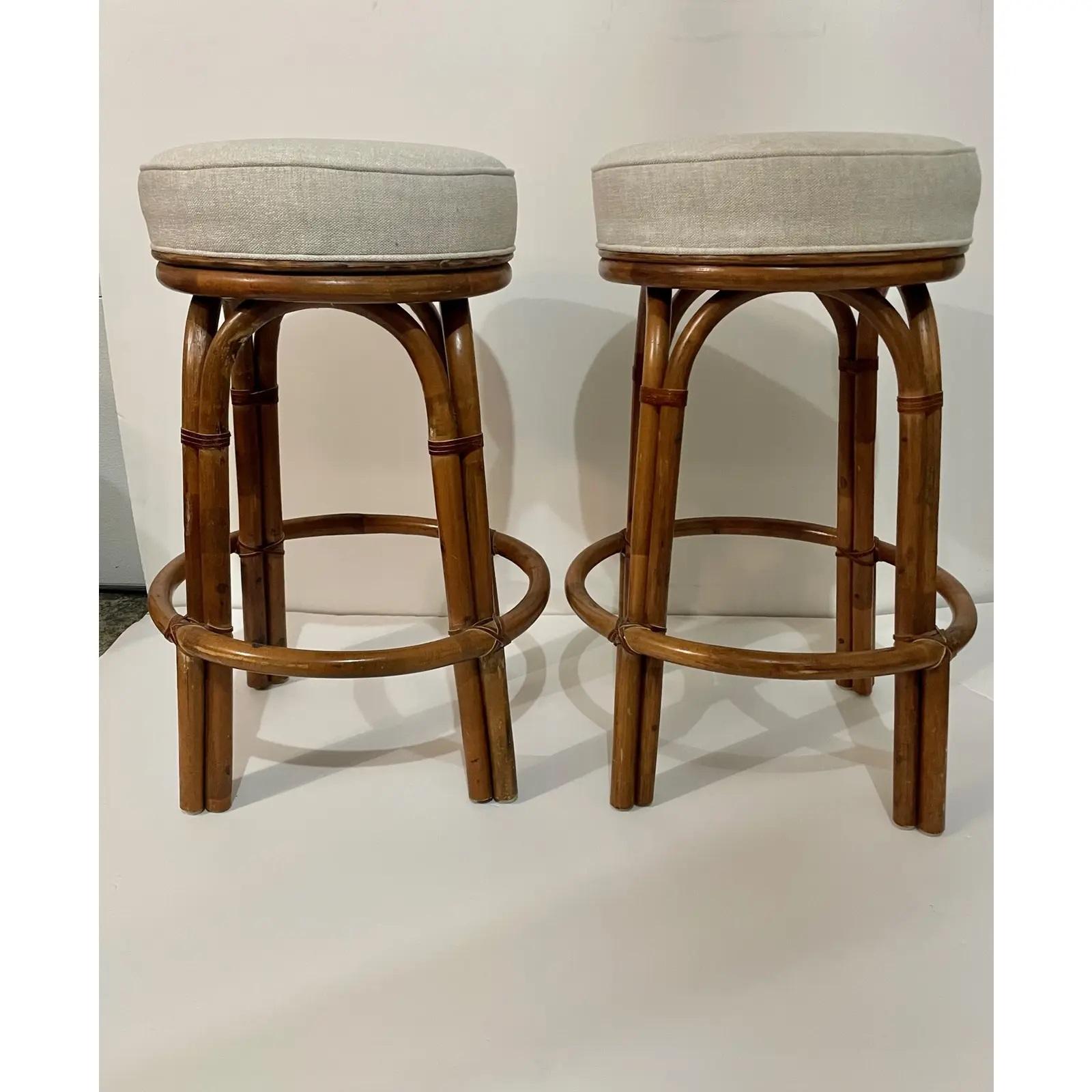 Pair of 1960s Upholstered Bamboo Kitchen or Bar Stool For Sale 4