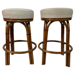Vintage Pair of 1960s Upholstered Bamboo Kitchen or Bar Stool