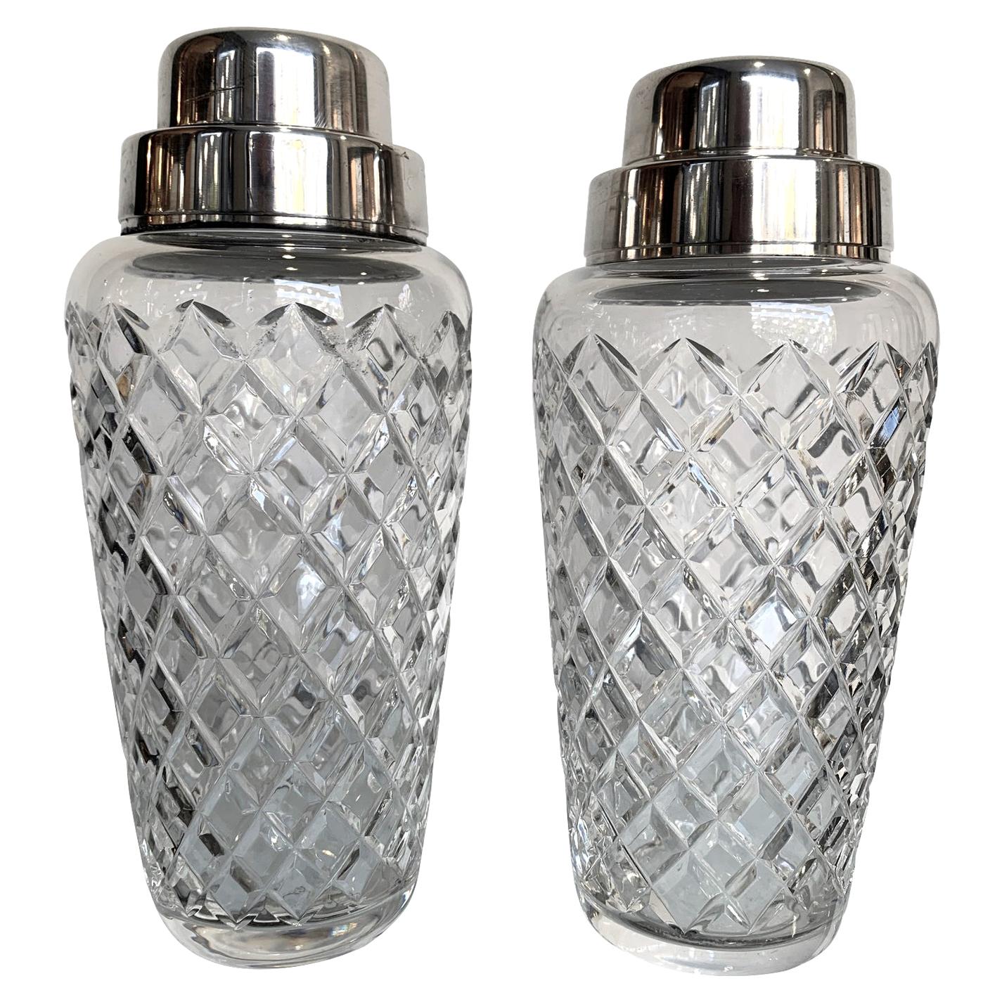 Pair of 1960s Val Saint Lambert Crystal and Silver Plate Cocktail Shakers
