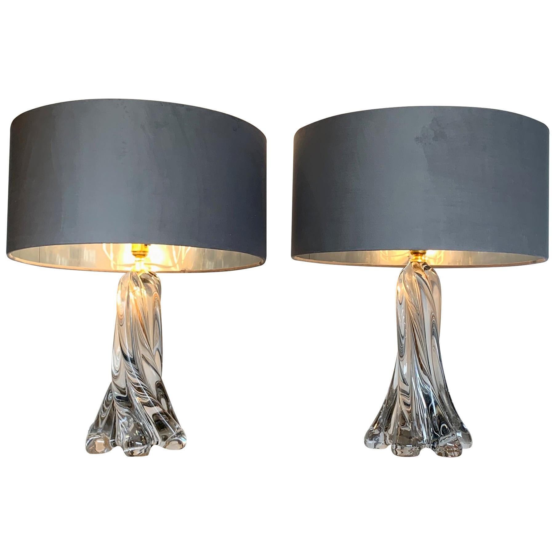 Pair of 1960s Val St Lambert Clear Glass Lamps with New Bespoke Shades