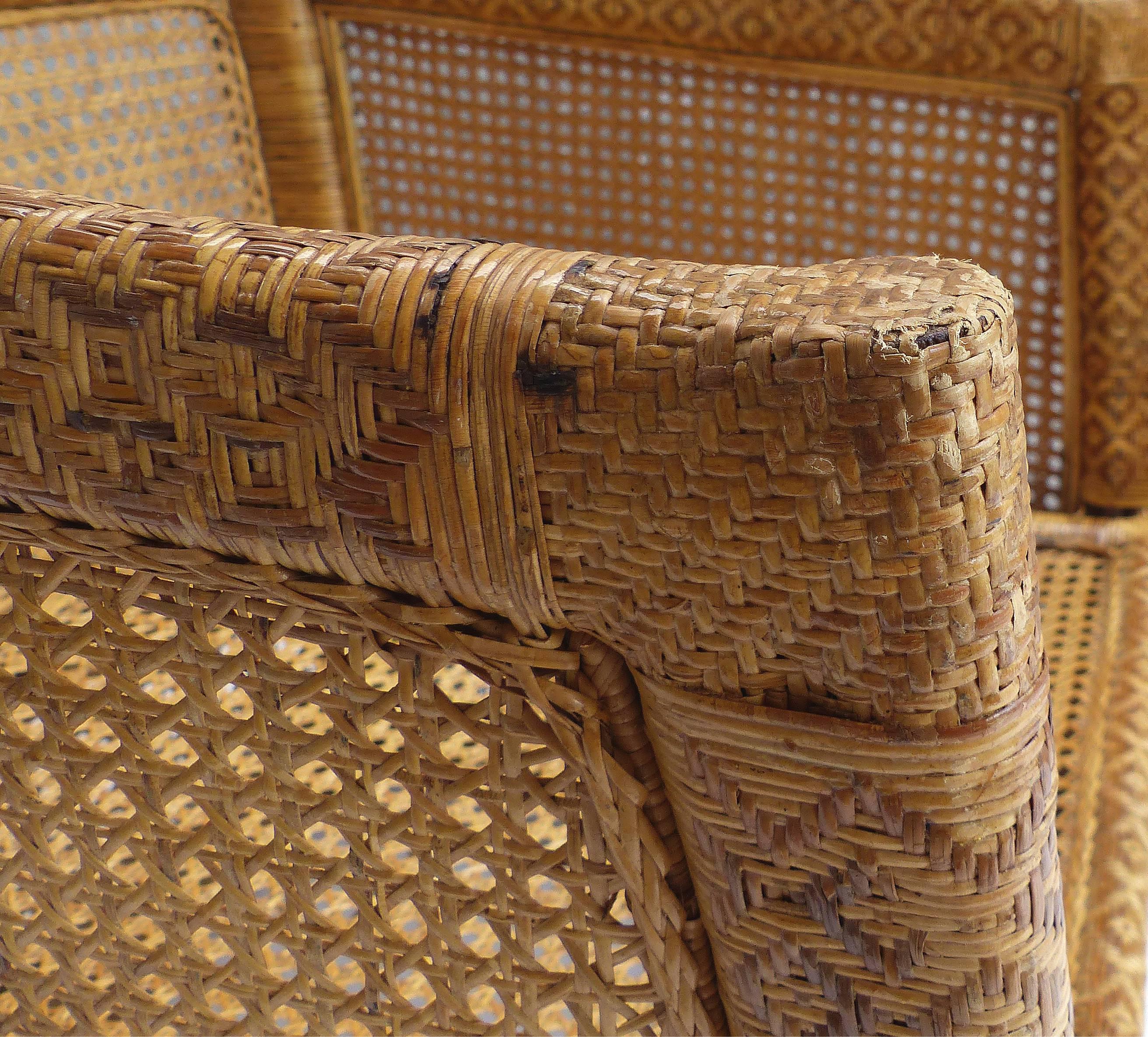 Pair of 1960s Vietnamese Woven Wicker and Rattan Club Chairs 3