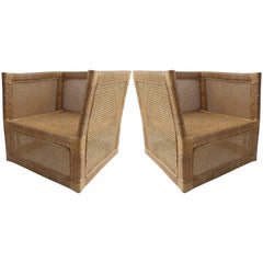 Retro Pair of 1960s Vietnamese Woven Wicker and Rattan Club Chairs