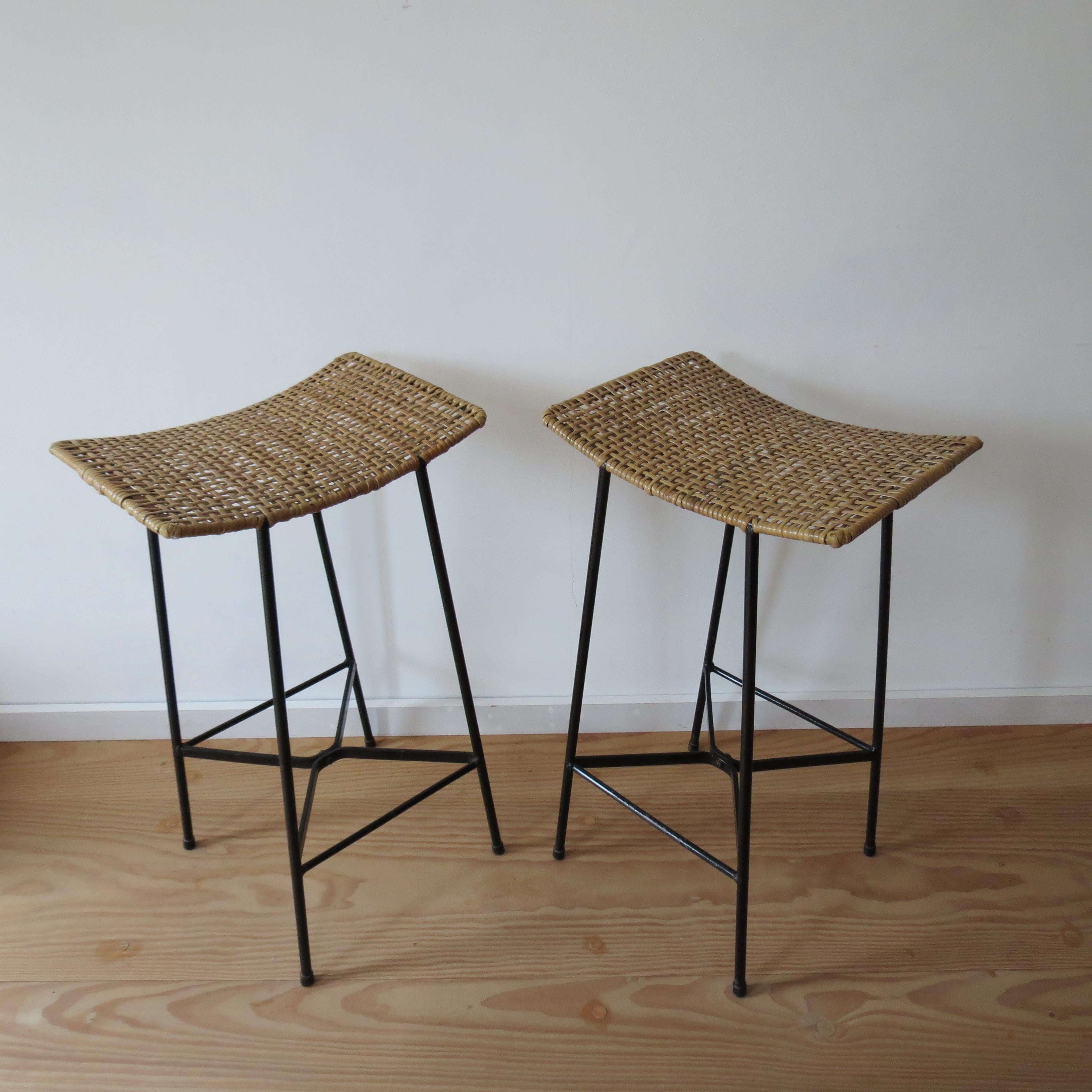 Pair of 1960s Vintage Black Metal and Cane Wicker stools 4