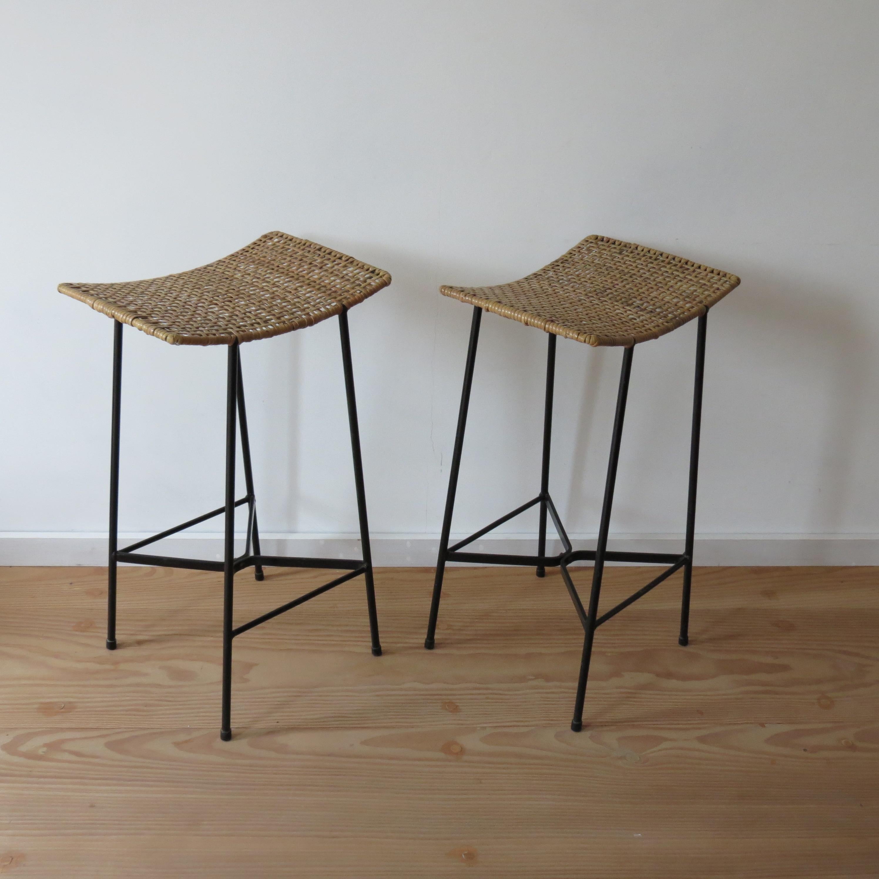 Mid-Century Modern Pair of 1960s Vintage Black Metal and Cane Wicker stools